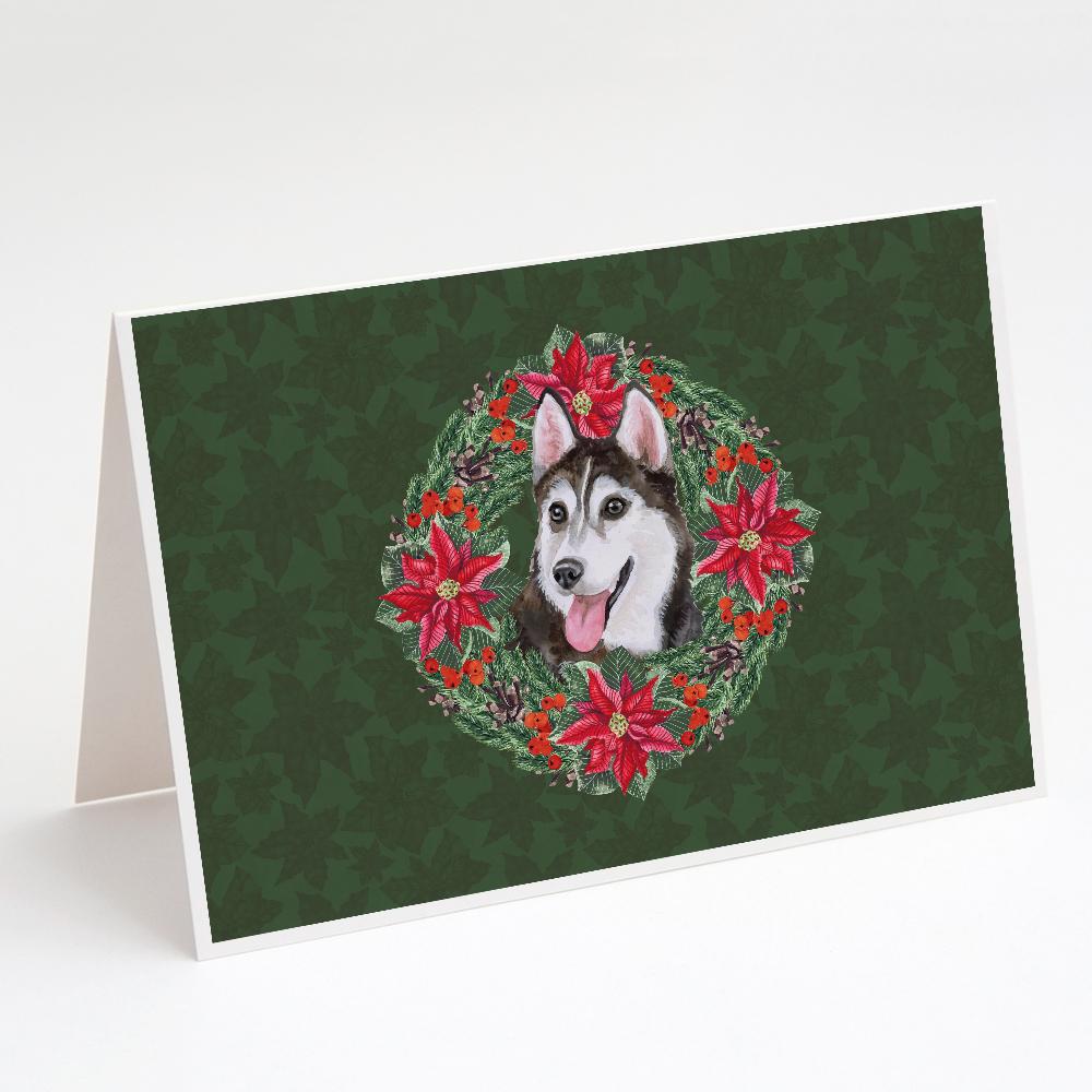 Buy this Siberian Husky #2 Poinsetta Wreath Greeting Cards and Envelopes Pack of 8