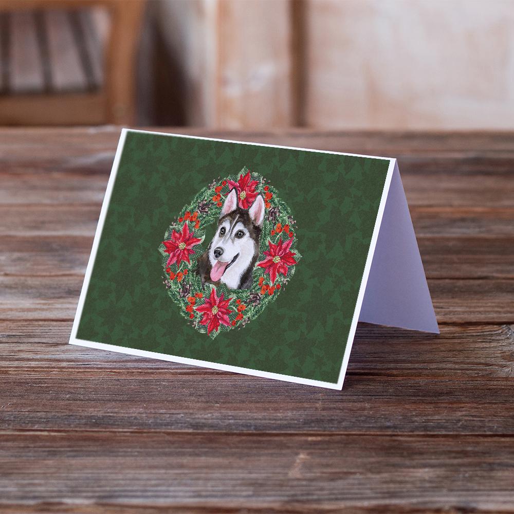 Siberian Husky #2 Poinsetta Wreath Greeting Cards and Envelopes Pack of 8 - the-store.com