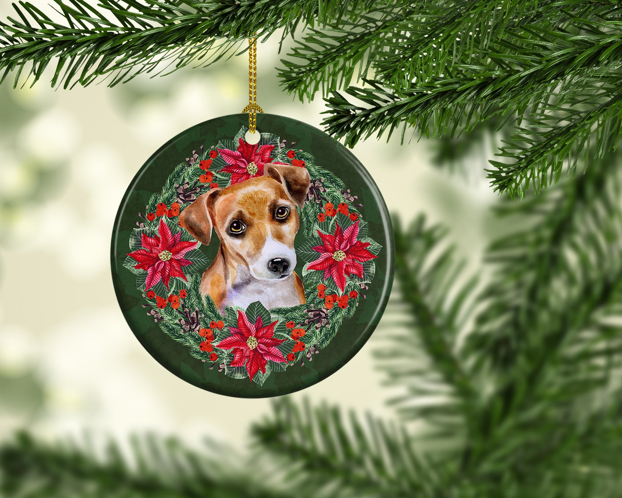 Jack Russell Terrier #2 Poinsetta Wreath Ceramic Ornament - the-store.com