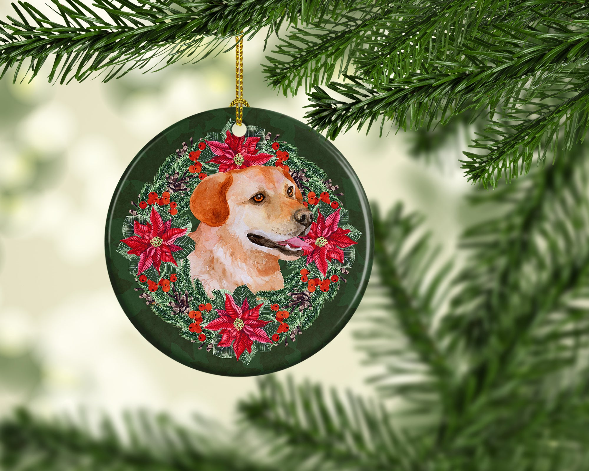 Labrador Retriever Poinsetta Wreath Ceramic Ornament - the-store.com