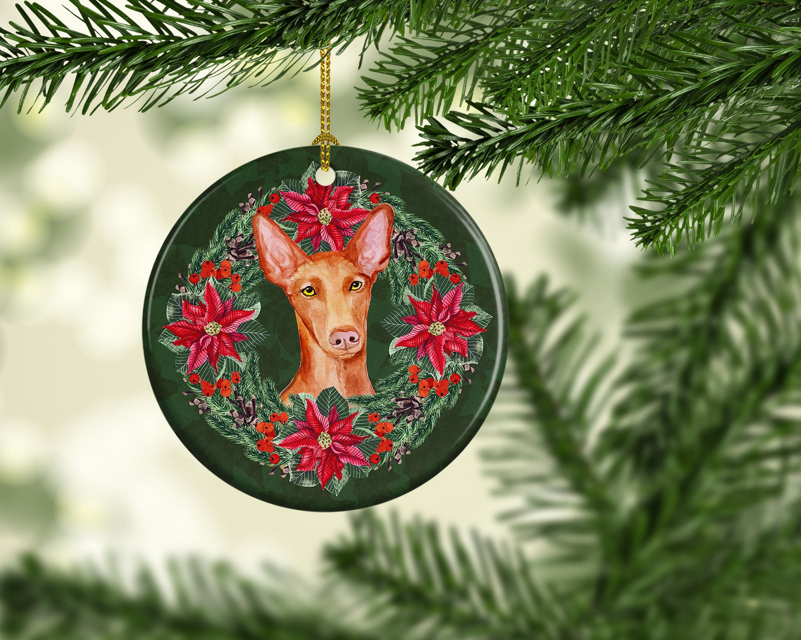 Caroline's Treasures Pharaoh Hound Poinsetta Wreath Ornament - Round Ceramic Ornament – Artist-Designed Keepsake Decoration