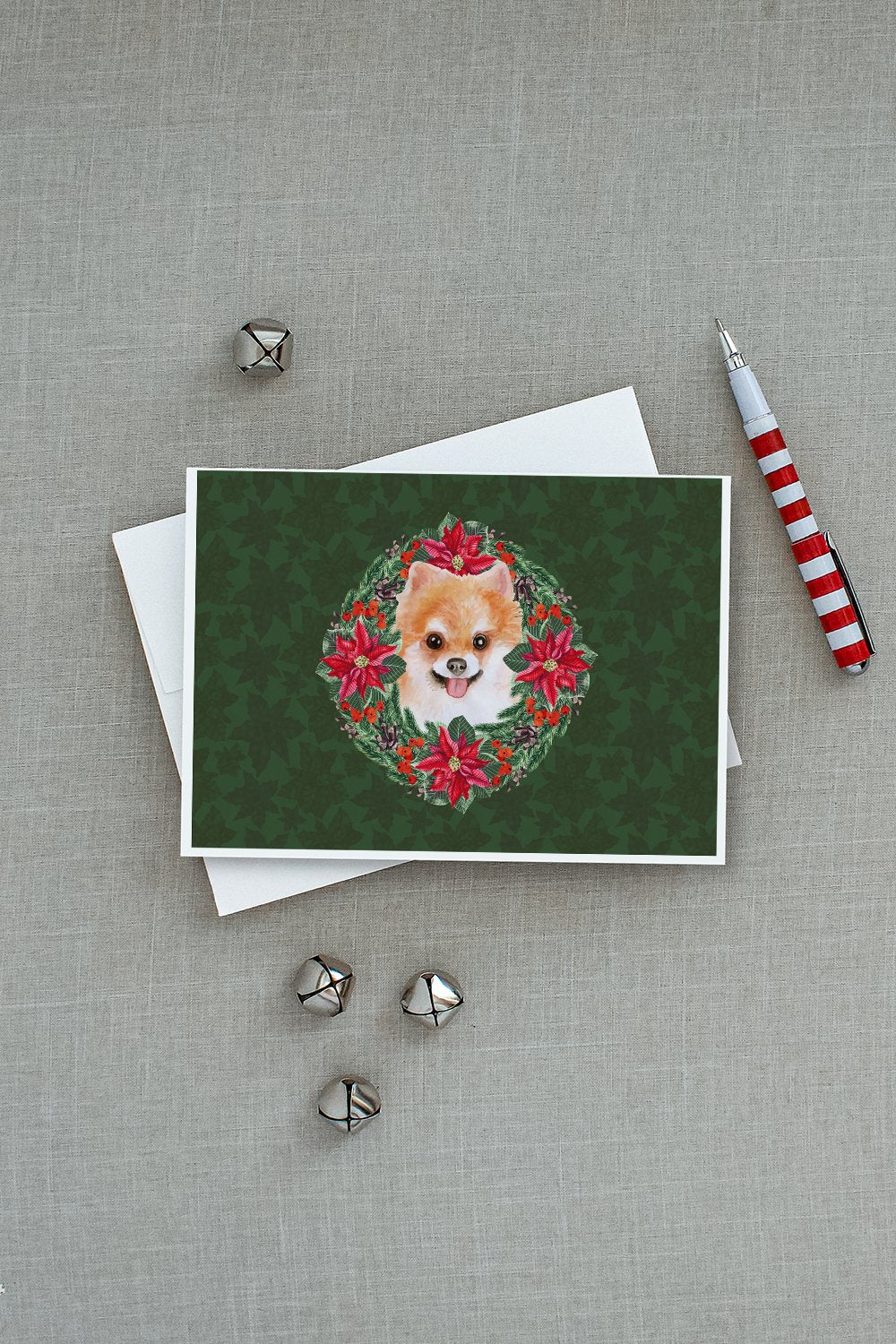 Pomeranian #2 Poinsetta Wreath Greeting Cards and Envelopes Pack of 8 - the-store.com