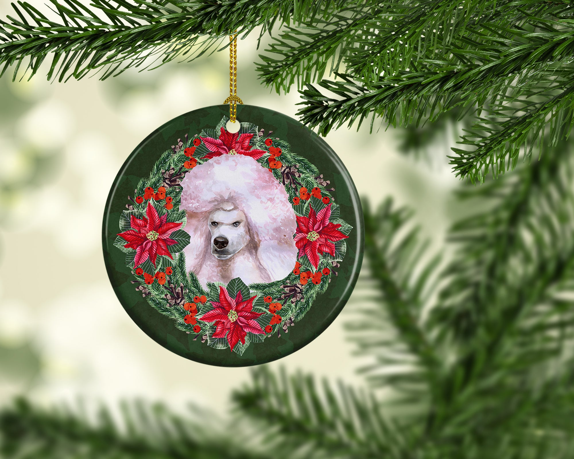 White Standard Poodle Poinsetta Wreath Ceramic Ornament - the-store.com