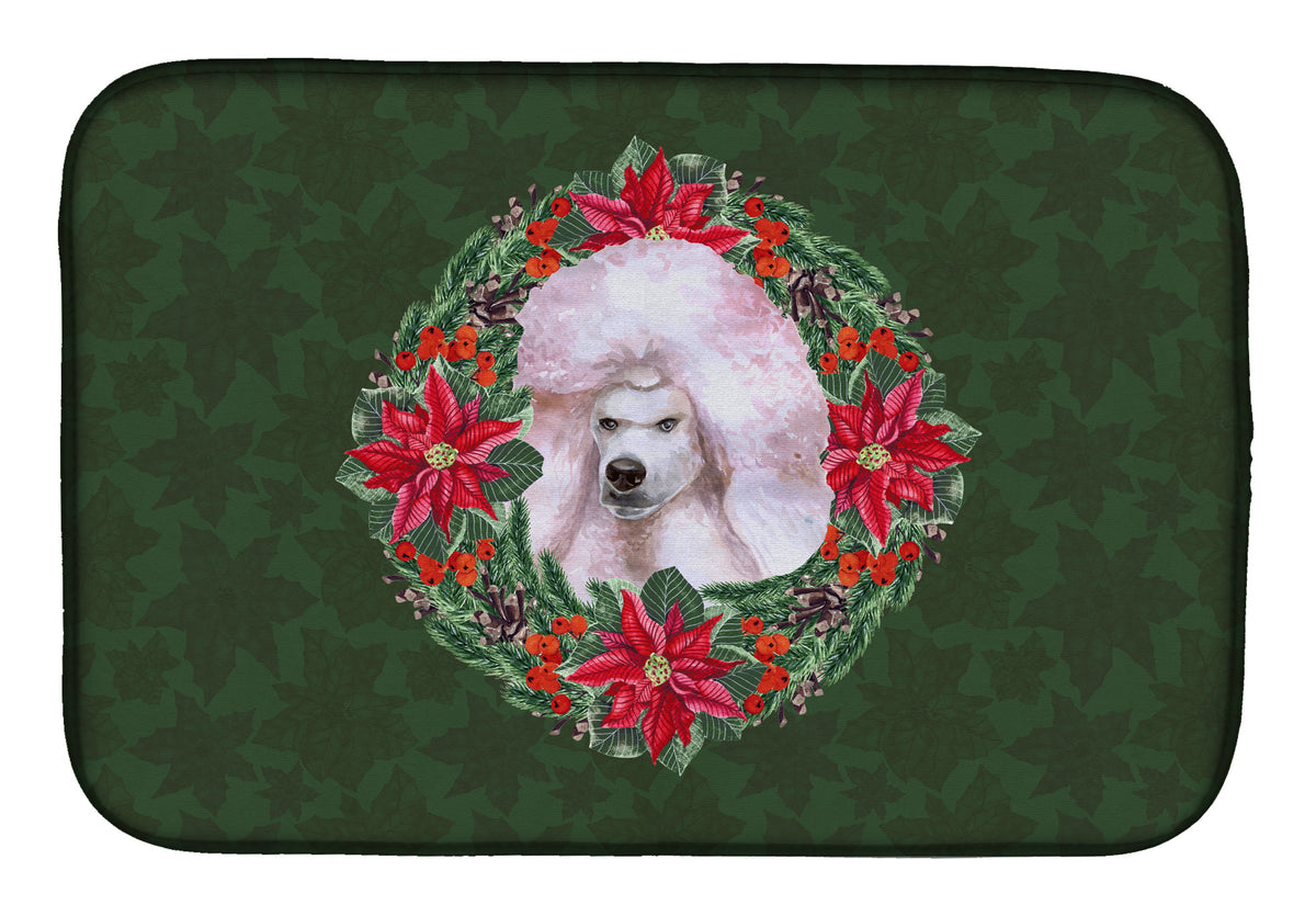 White Standard Poodle Poinsetta Wreath Dish Drying Mat CK1583DDM