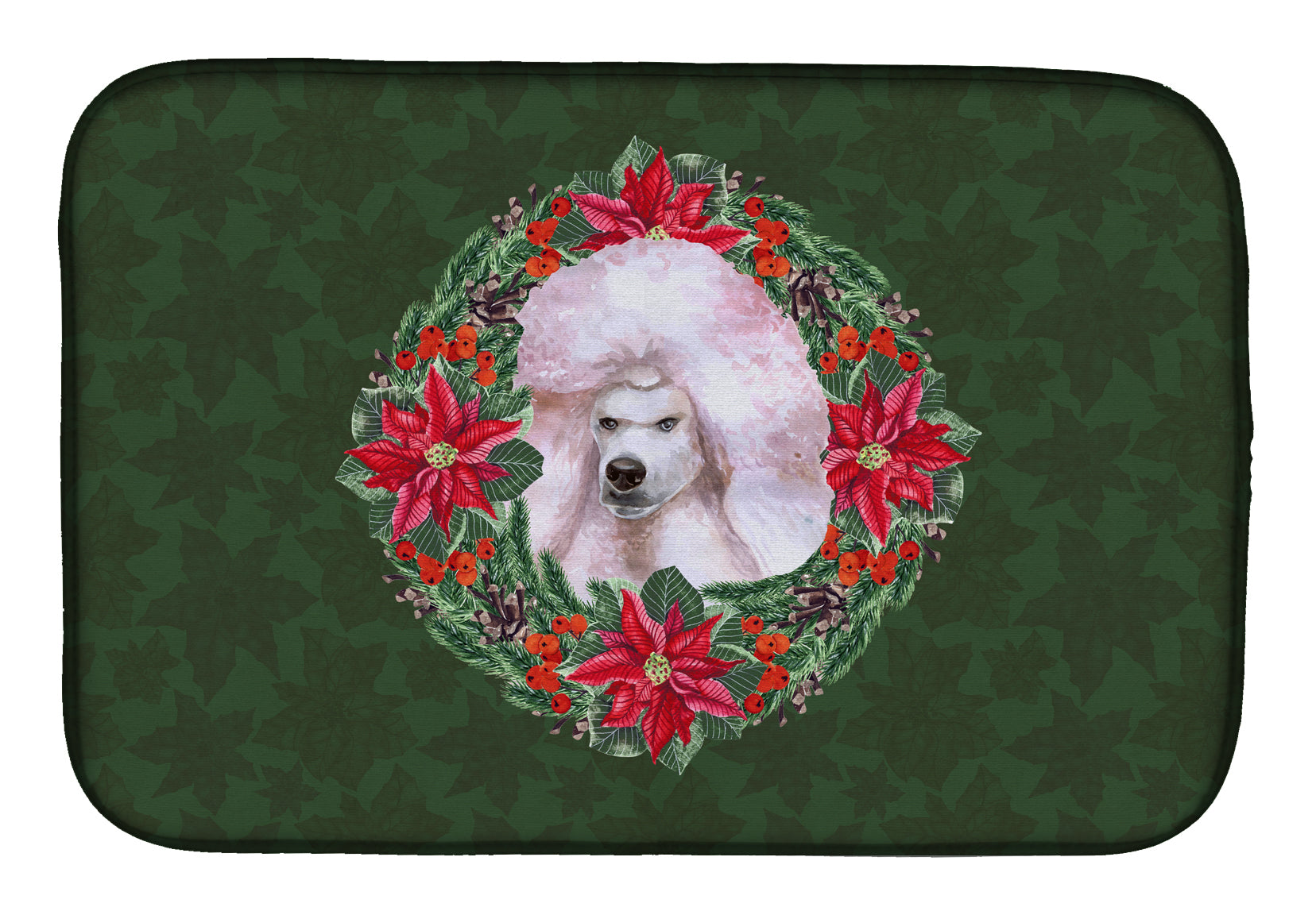White Standard Poodle Poinsetta Wreath Dish Drying Mat CK1583DDM  the-store.com.