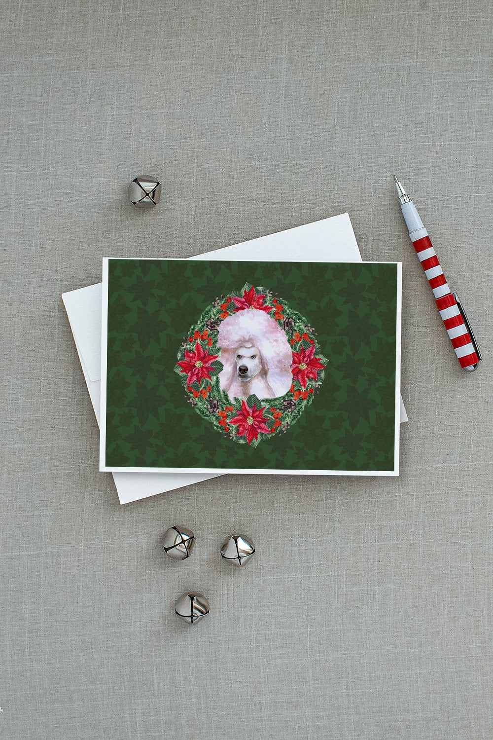 White Standard Poodle Poinsetta Wreath Greeting Cards and Envelopes Pack of 8 - the-store.com