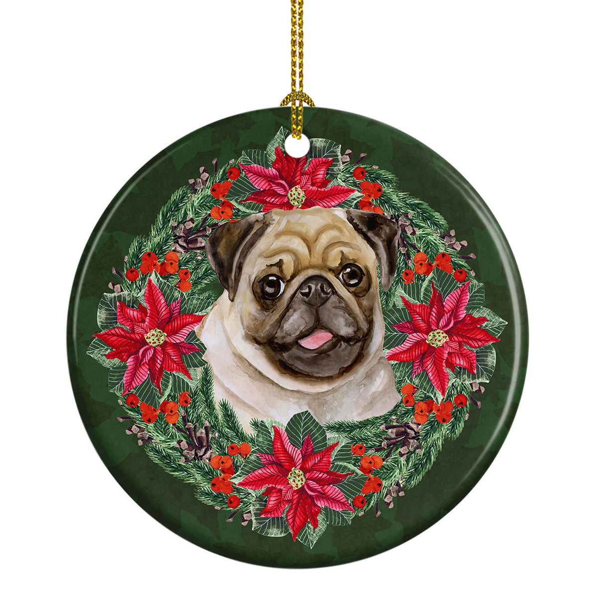 Buy this Fawn Pug Poinsetta Wreath Ceramic Ornament