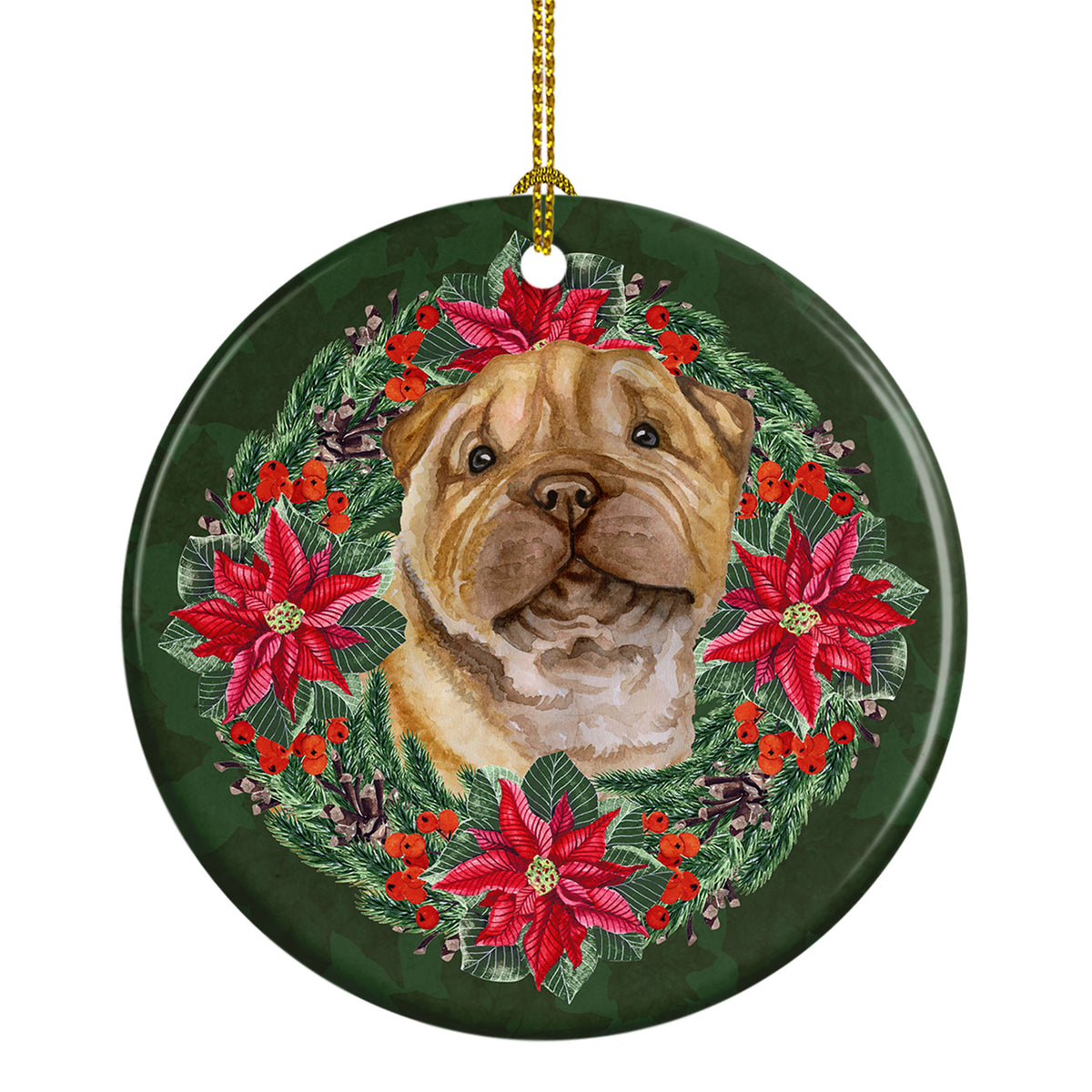Buy this Shar Pei Puppy Poinsetta Wreath Ceramic Ornament