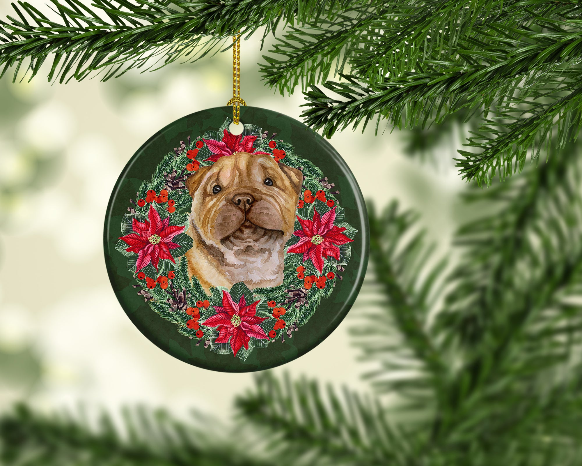 Shar Pei Puppy Poinsetta Wreath Ceramic Ornament - the-store.com