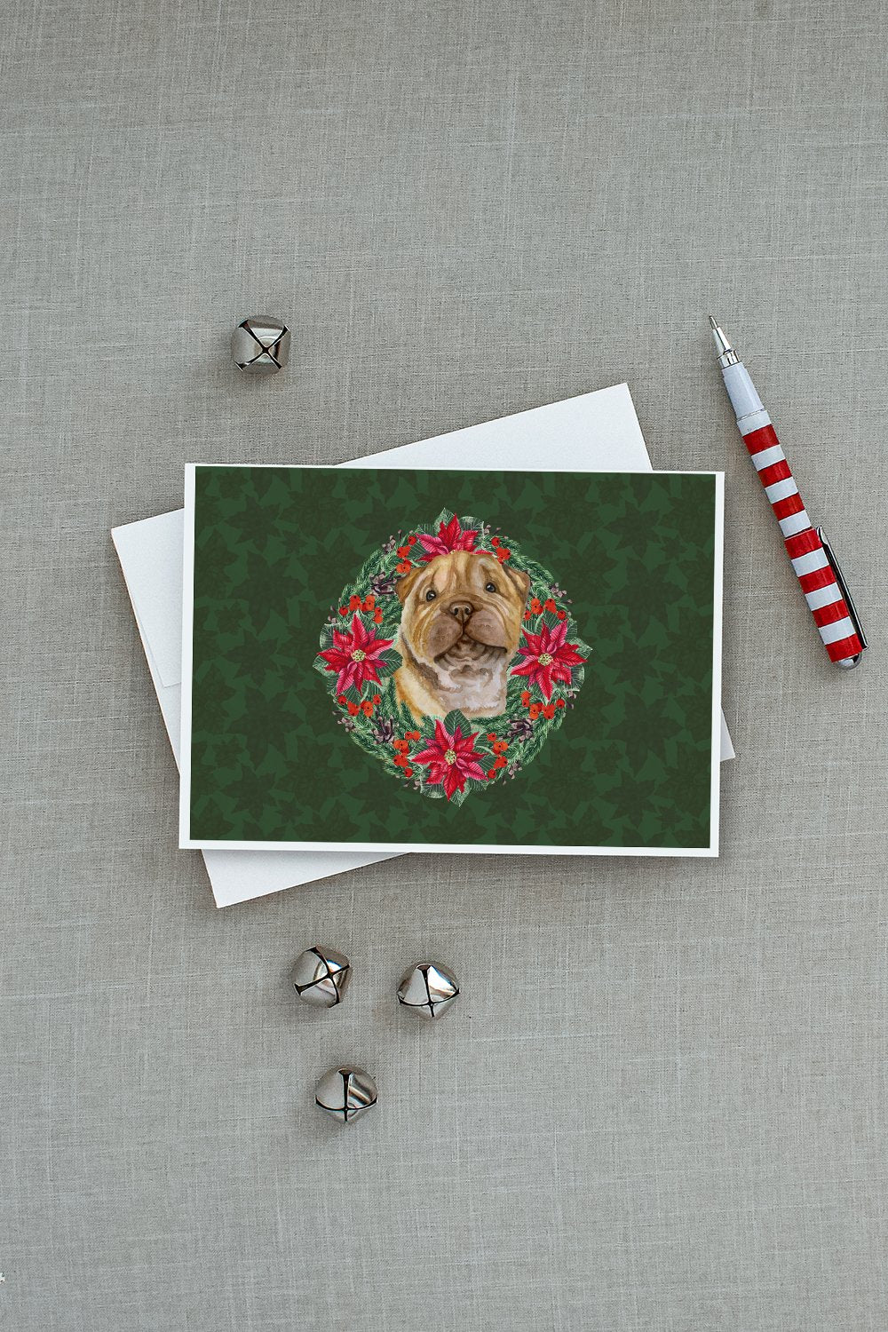 Shar Pei Puppy Poinsetta Wreath Greeting Cards and Envelopes Pack of 8 - the-store.com