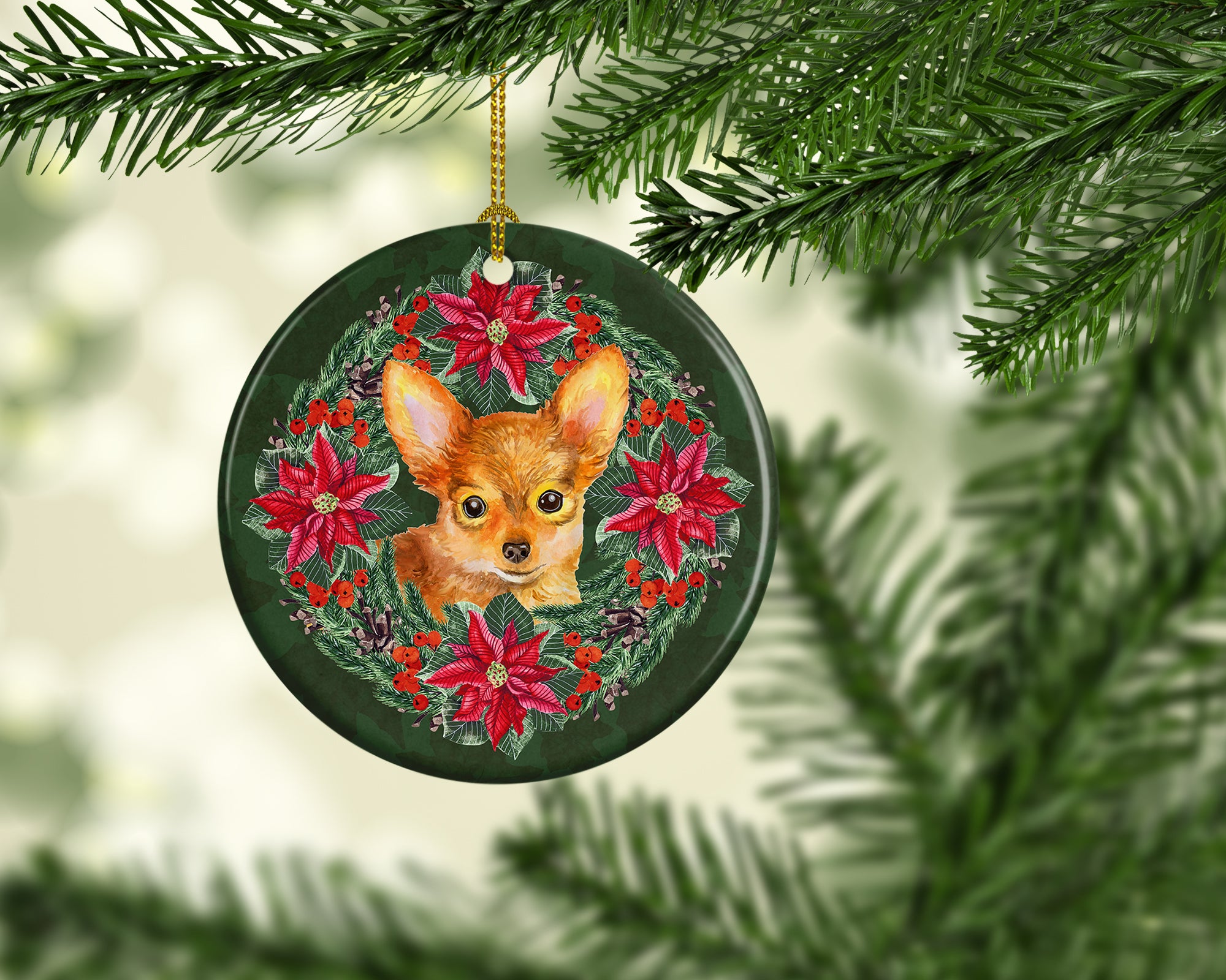 Toy Terrier Poinsetta Wreath Ceramic Ornament - the-store.com