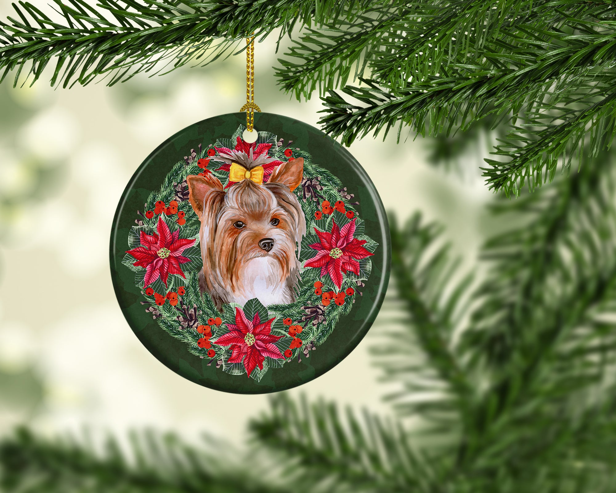 Yorkshire Terrier #2 Poinsetta Wreath Ceramic Ornament - the-store.com