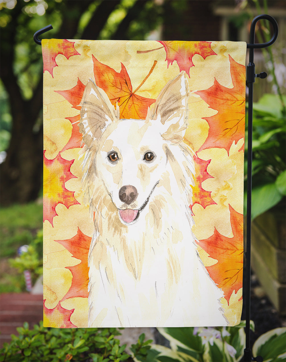 Fall Leaves White Collie Flag Garden Size CK1819GF  the-store.com.