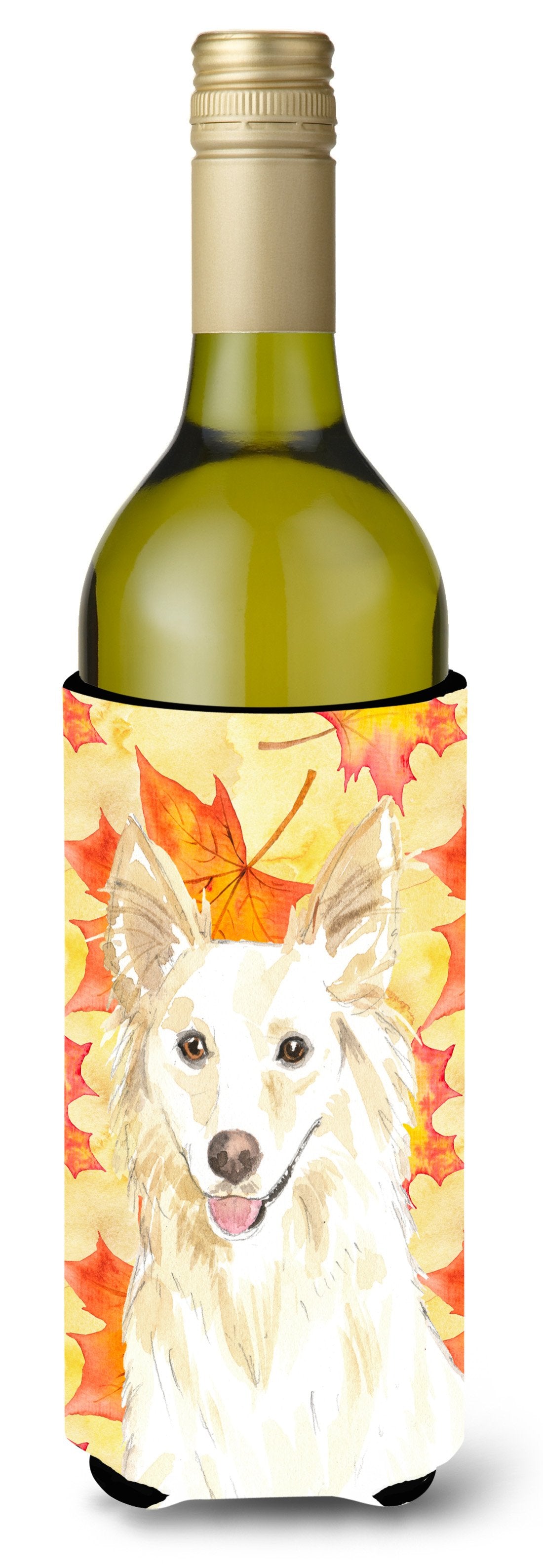 Fall Leaves White Collie Wine Bottle Beverge Insulator Hugger CK1819LITERK by Caroline&#39;s Treasures