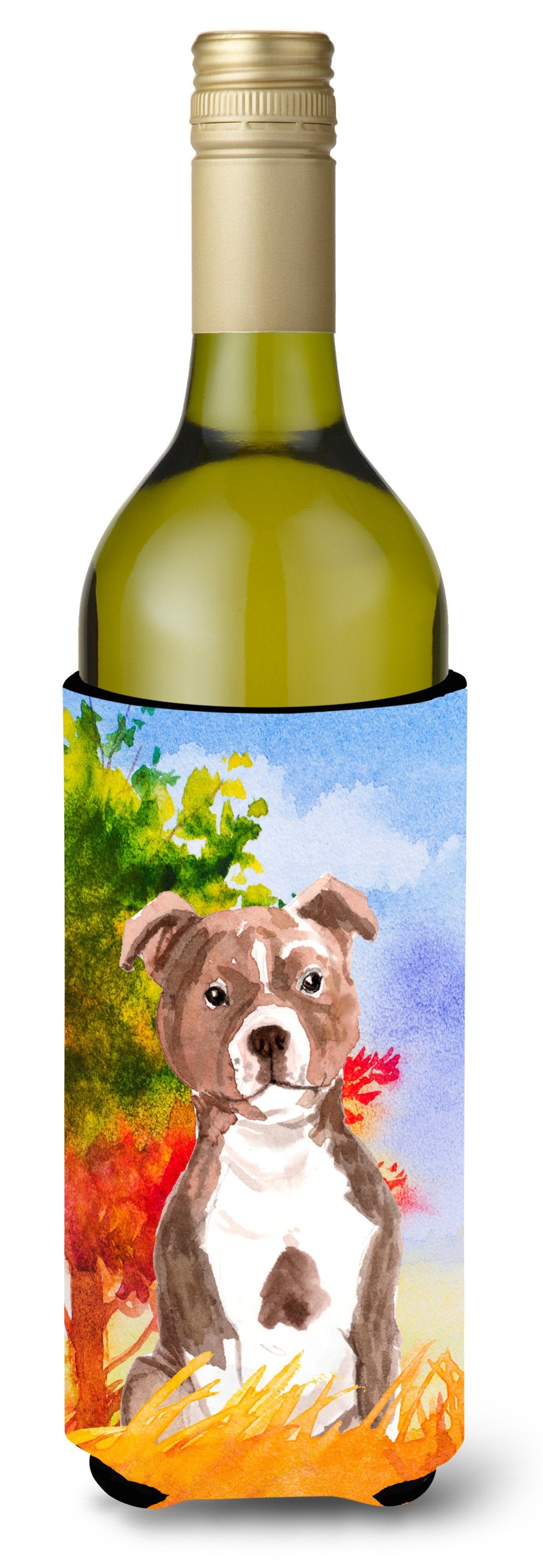 Fall Red Staffordshire Bull Terrier Wine Bottle Beverage Insulator Hugger CK1933LITERK by Caroline&#39;s Treasures