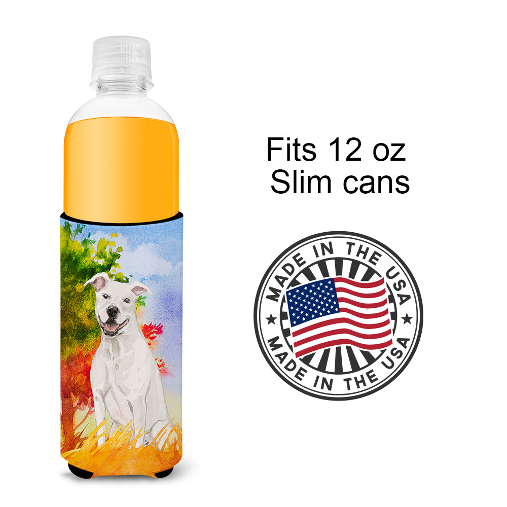 Fall White Staffie Bull Terrier  Ultra Hugger for slim cans CK1961MUK  the-store.com.