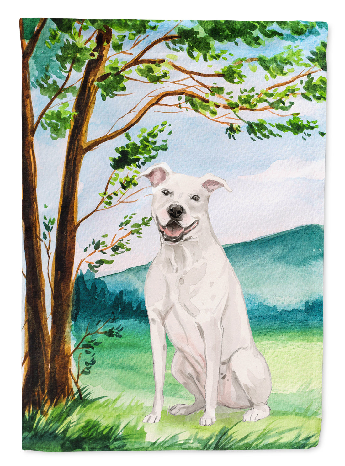 Under the Tree White Staffie Bull Terrier Flag Canvas House Size CK2031CHF  the-store.com.