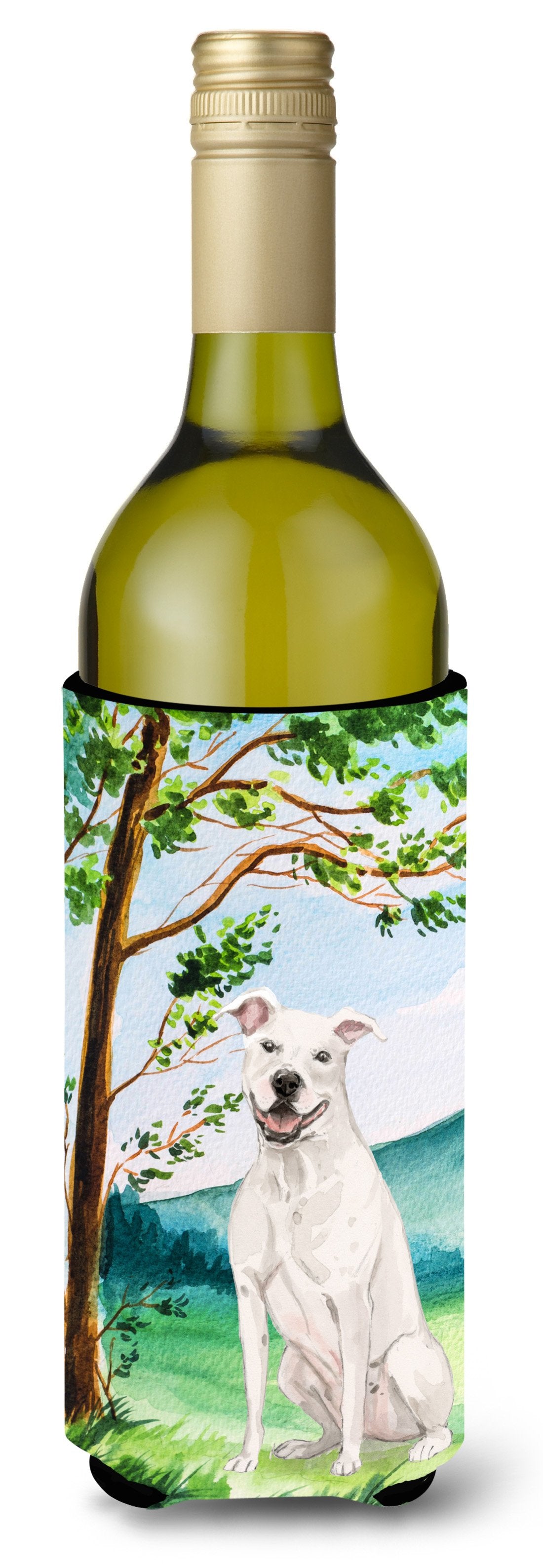 Under the Tree White Staffie Bull Terrier Wine Bottle Beverage Insulator Hugger CK2031LITERK by Caroline&#39;s Treasures