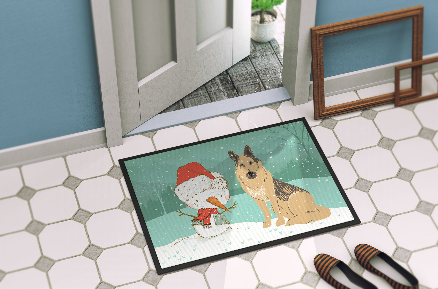 German Shepherd and Snowman Christmas Indoor or Outdoor Mat 18x27 CK2033MAT - the-store.com