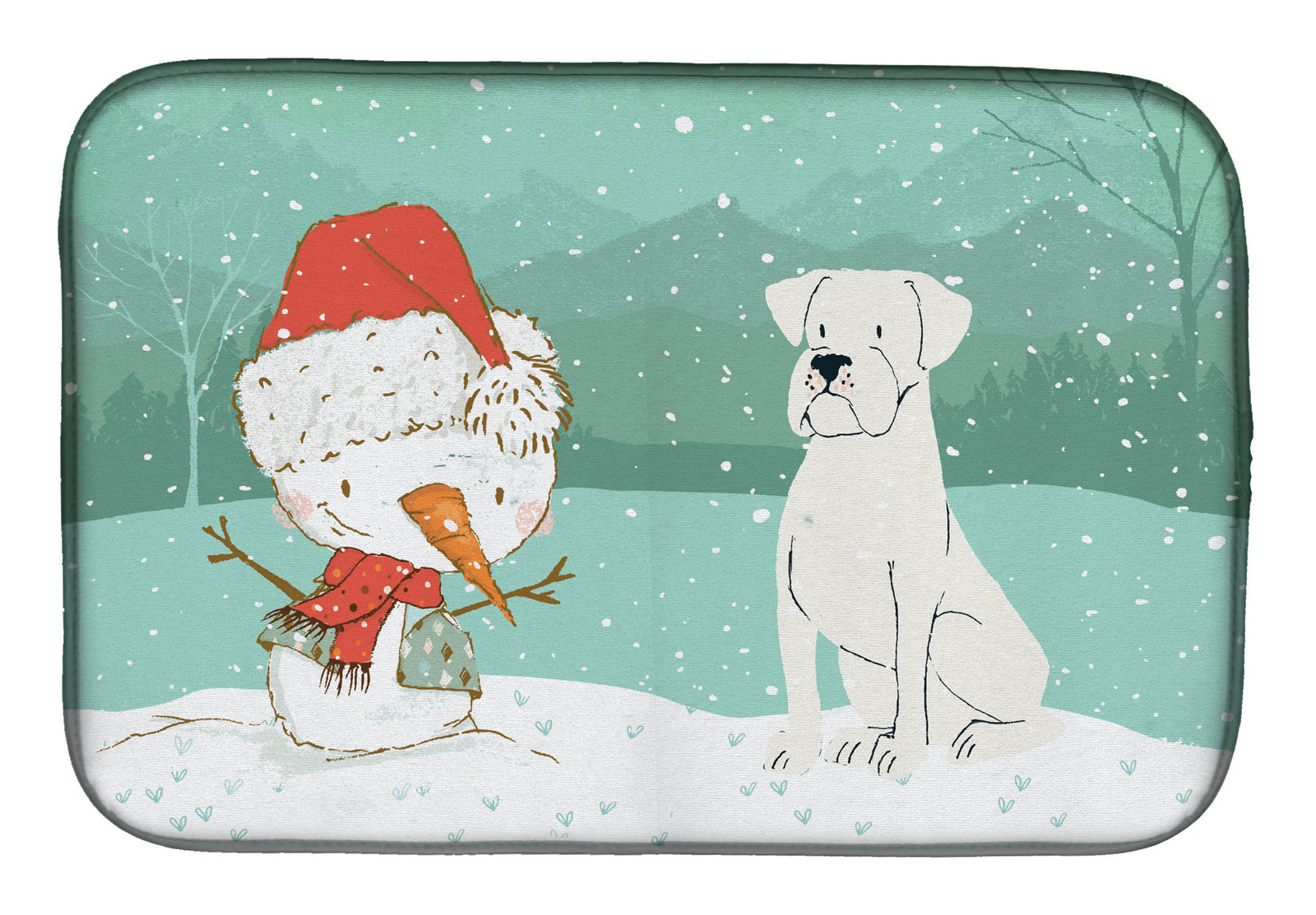 White Boxer and Snowman Christmas Dish Drying Mat CK2034DDM
