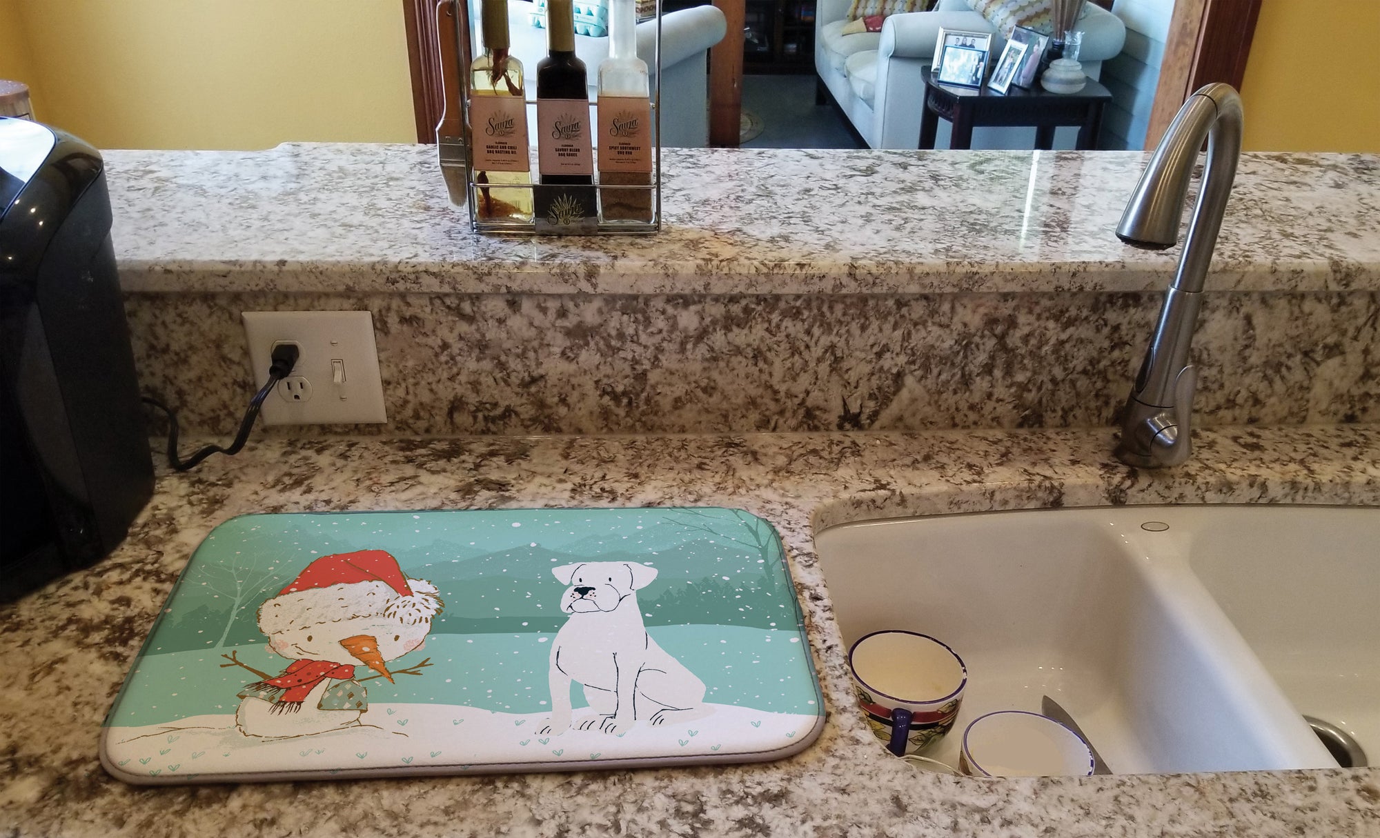 White Boxer and Snowman Christmas Dish Drying Mat CK2034DDM  the-store.com.