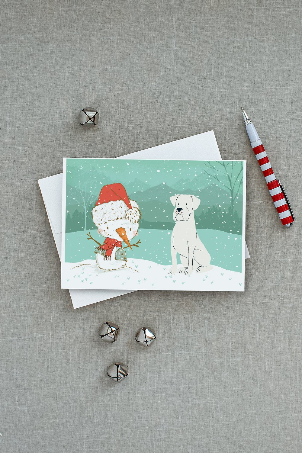 White Boxer and Snowman Christmas Greeting Cards and Envelopes Pack of 8 - the-store.com