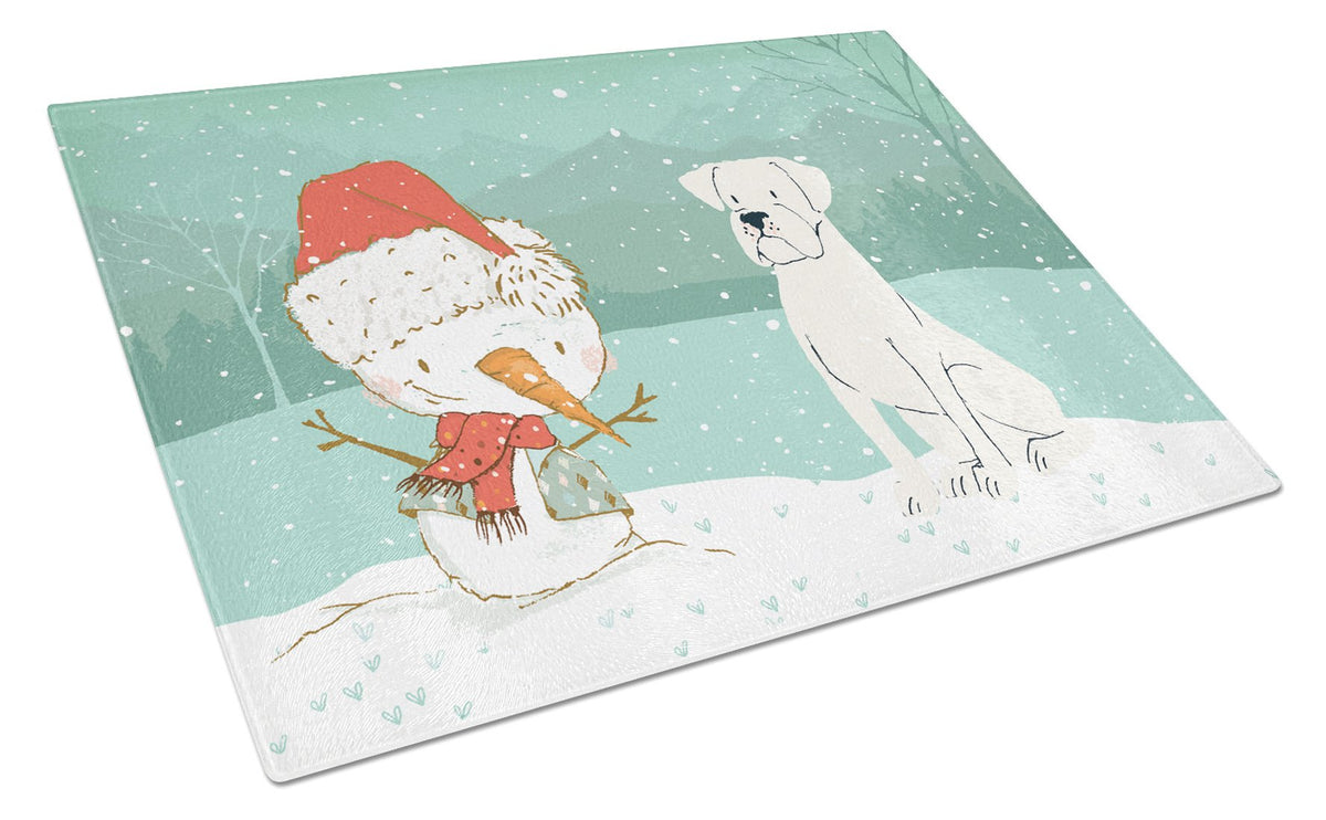 White Boxer and Snowman Christmas Glass Cutting Board Large CK2034LCB by Caroline&#39;s Treasures