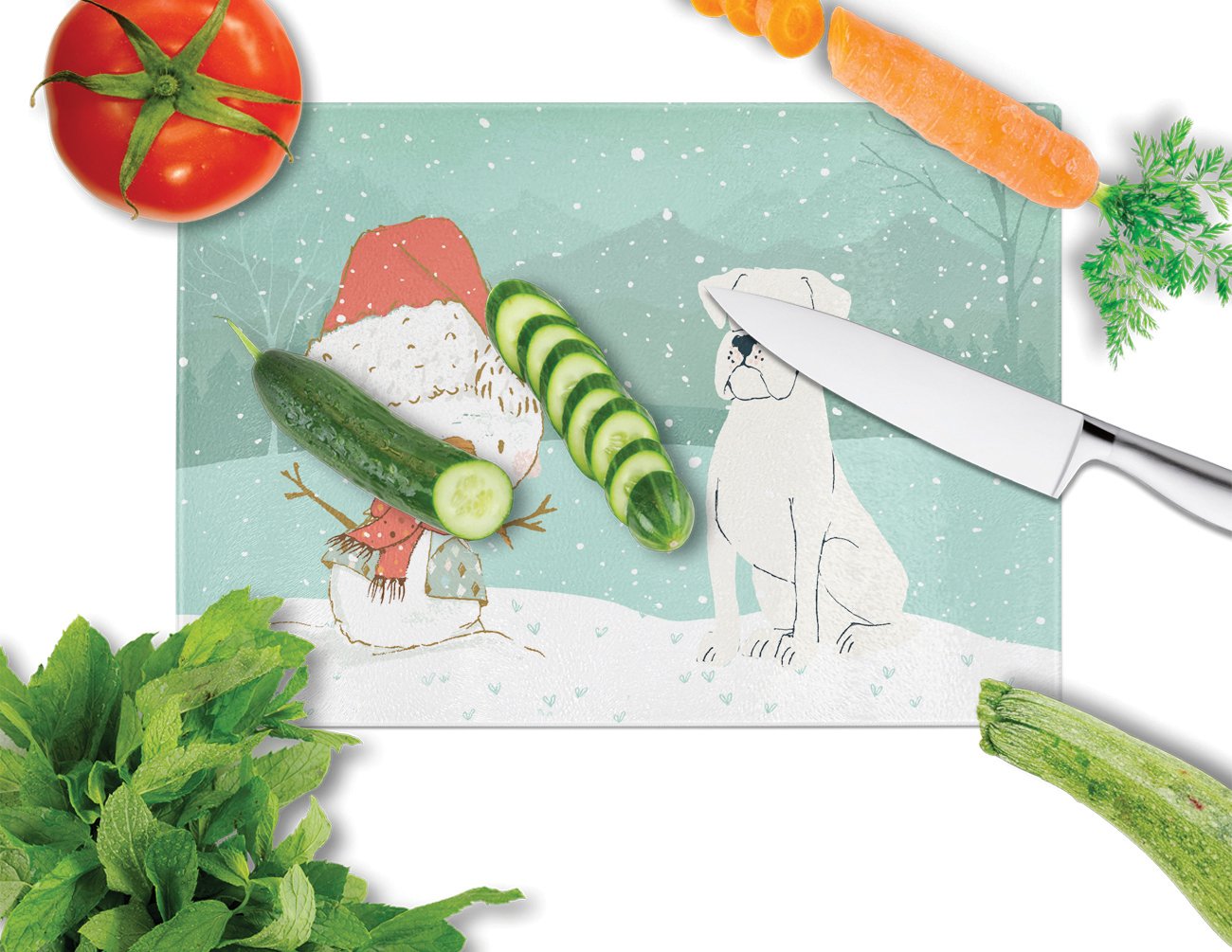 White Boxer and Snowman Christmas Glass Cutting Board Large CK2034LCB by Caroline's Treasures