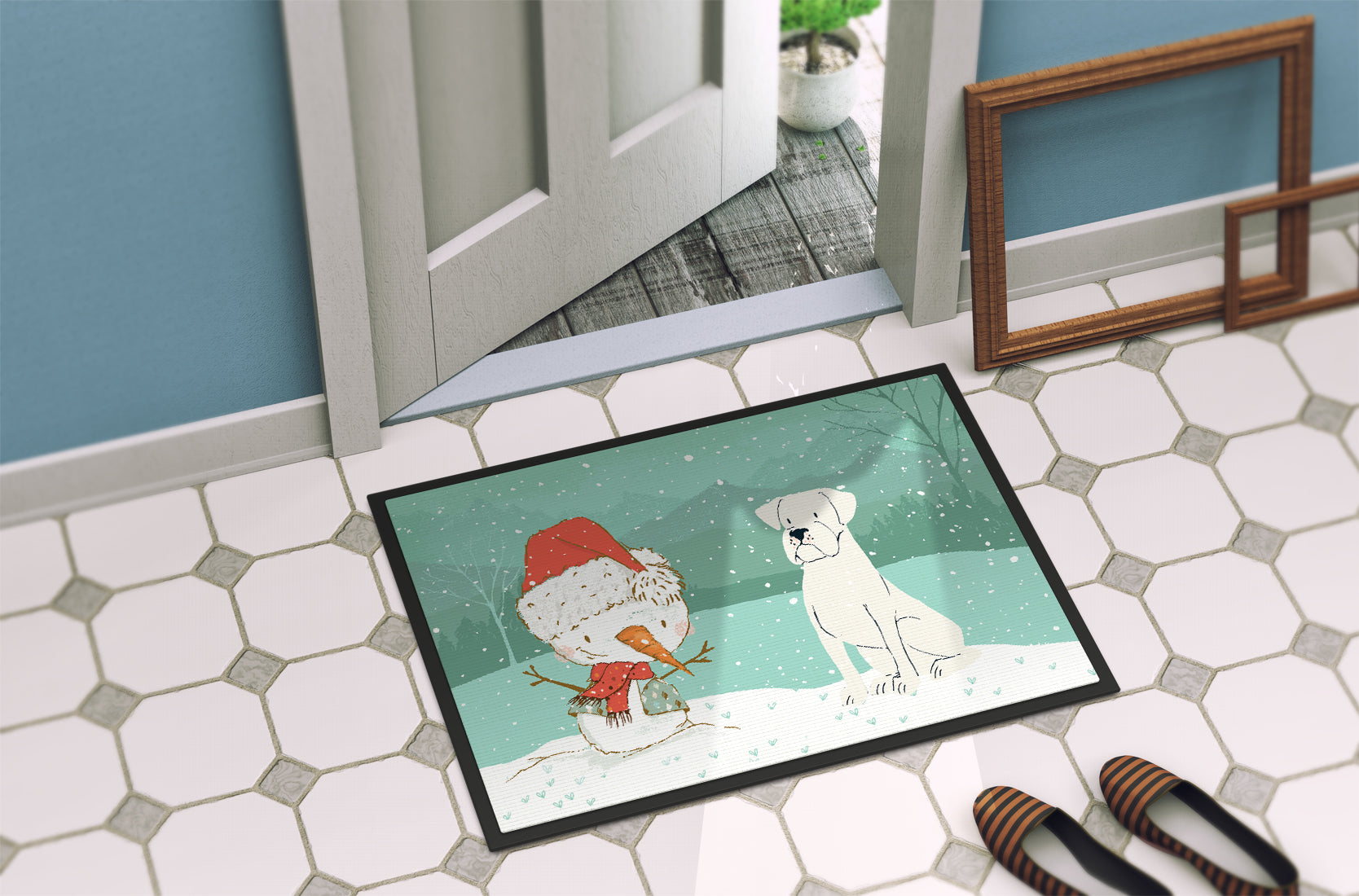White Boxer and Snowman Christmas Indoor or Outdoor Mat 18x27 CK2034MAT - the-store.com