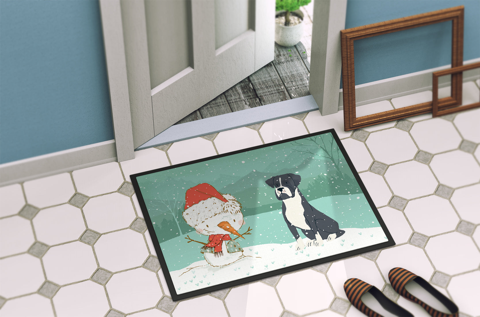 Black Boxer and Snowman Christmas Indoor or Outdoor Mat 18x27 CK2035MAT - the-store.com