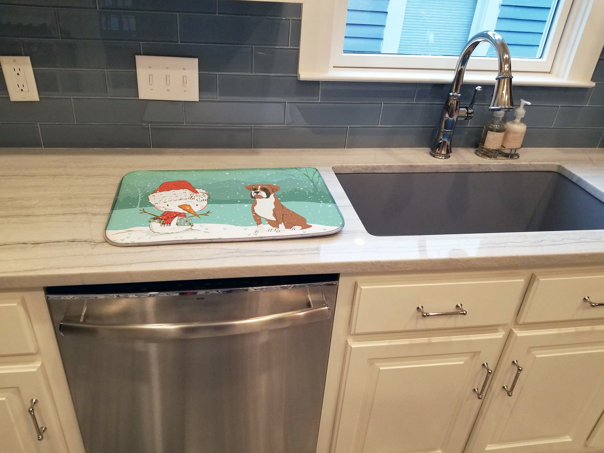 Fawn Boxer and Snowman Christmas Dish Drying Mat CK2036DDM  the-store.com.