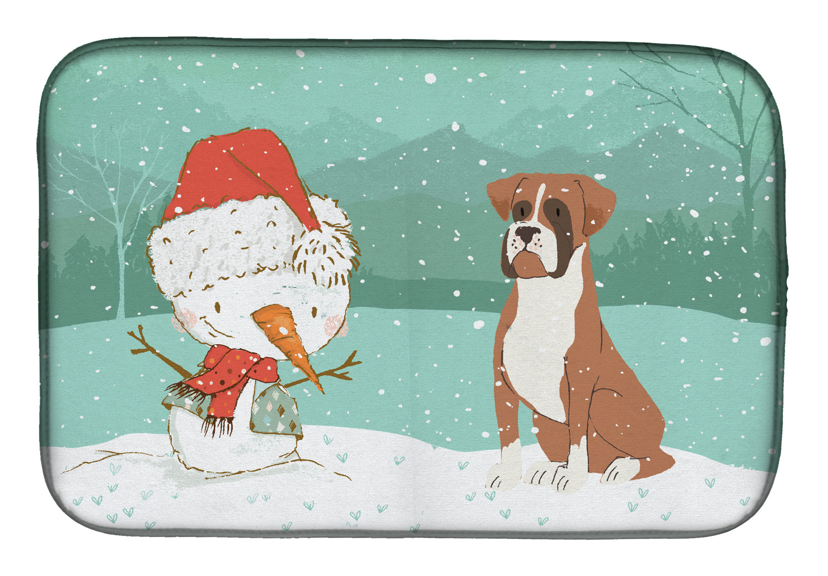 Fawn Boxer and Snowman Christmas Dish Drying Mat CK2036DDM