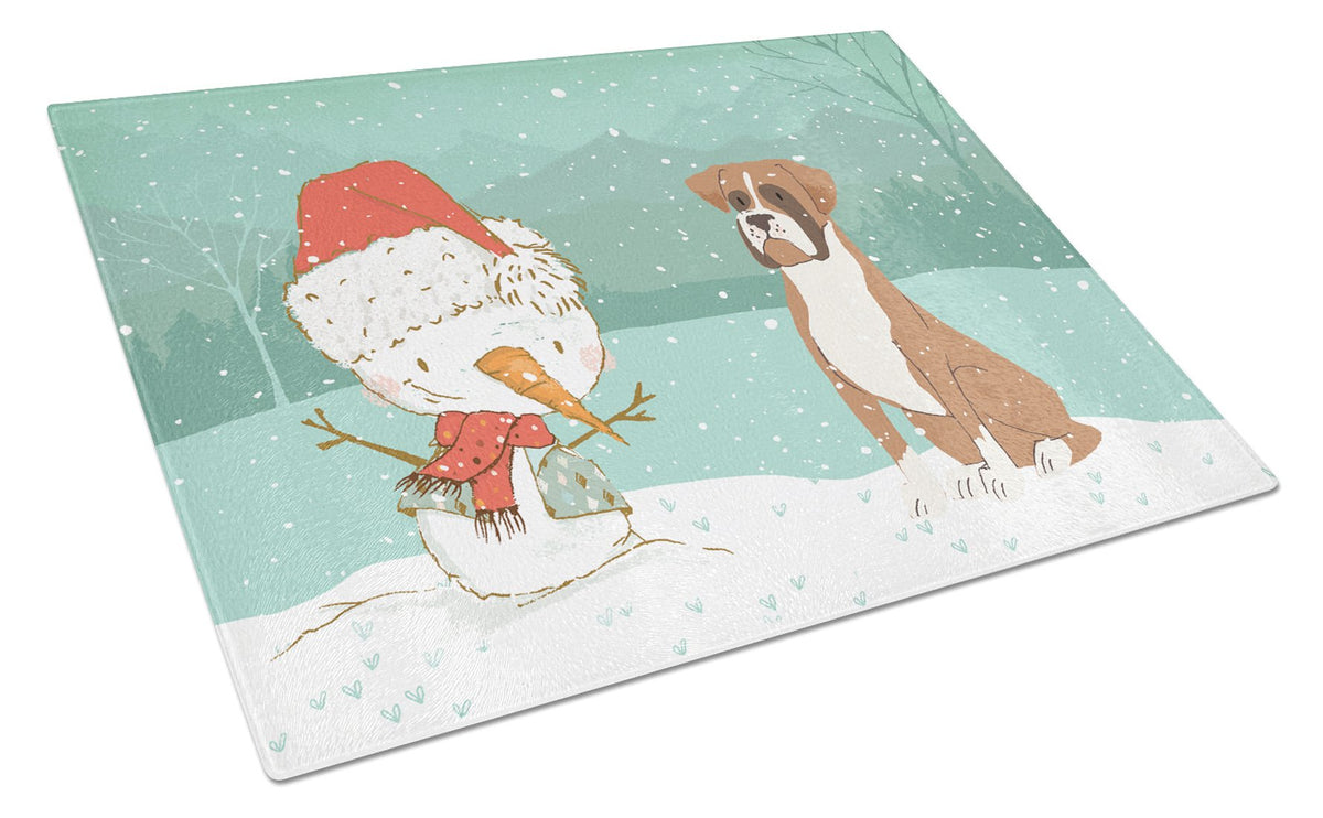 Fawn Boxer and Snowman Christmas Glass Cutting Board Large CK2036LCB by Caroline&#39;s Treasures