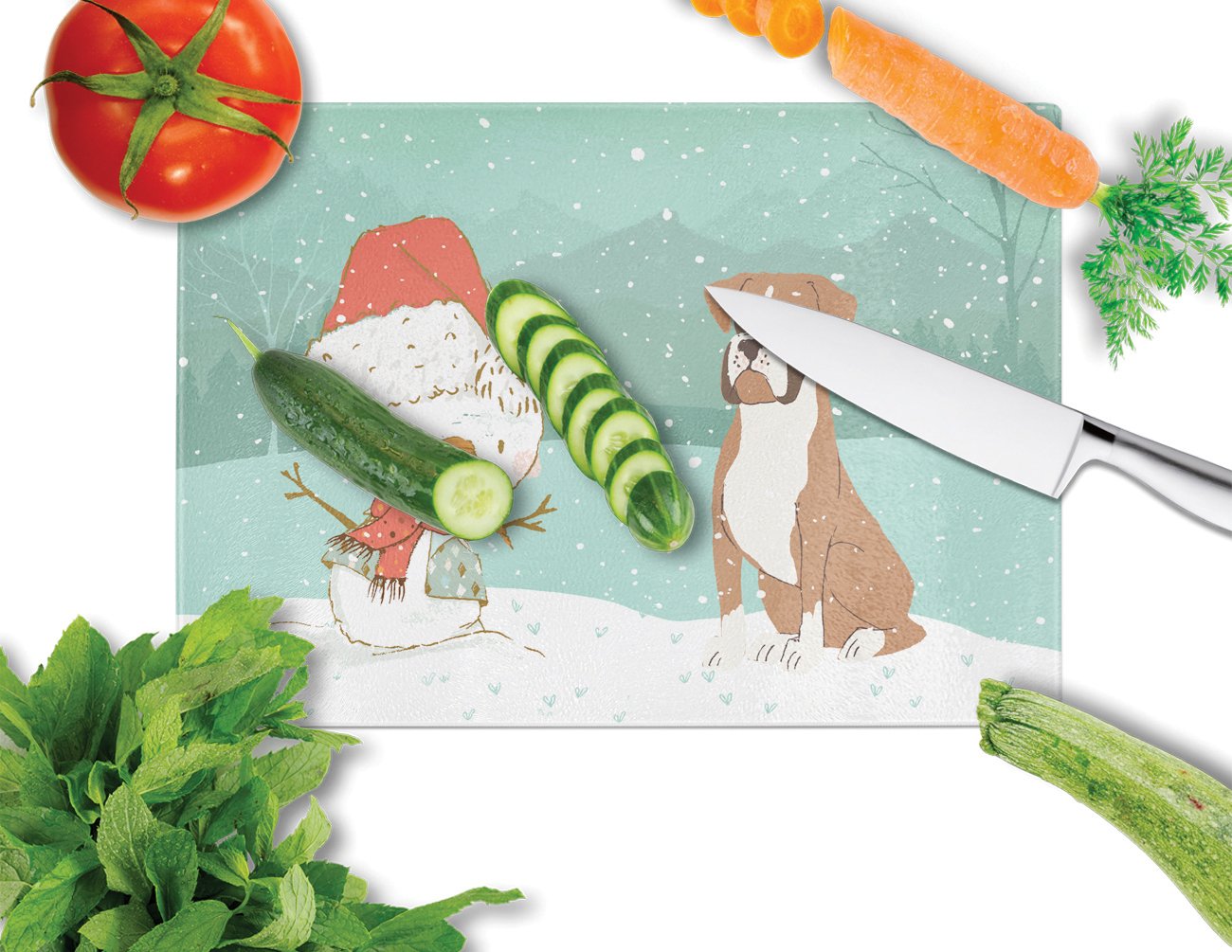 Fawn Boxer and Snowman Christmas Glass Cutting Board Large CK2036LCB by Caroline's Treasures