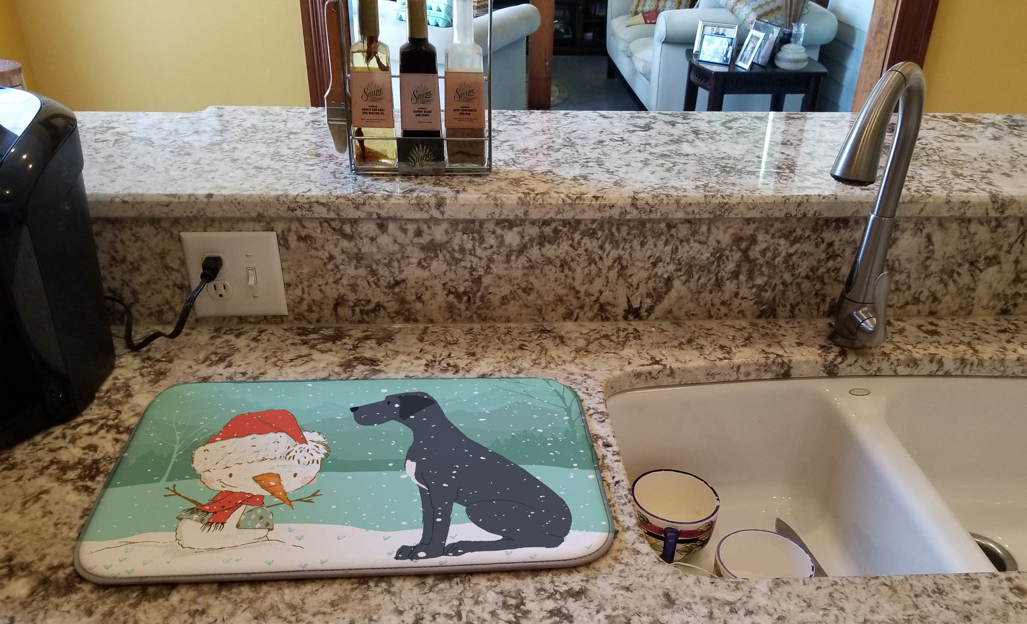 Black Great Dane and Snowman Christmas Dish Drying Mat CK2039DDM  the-store.com.