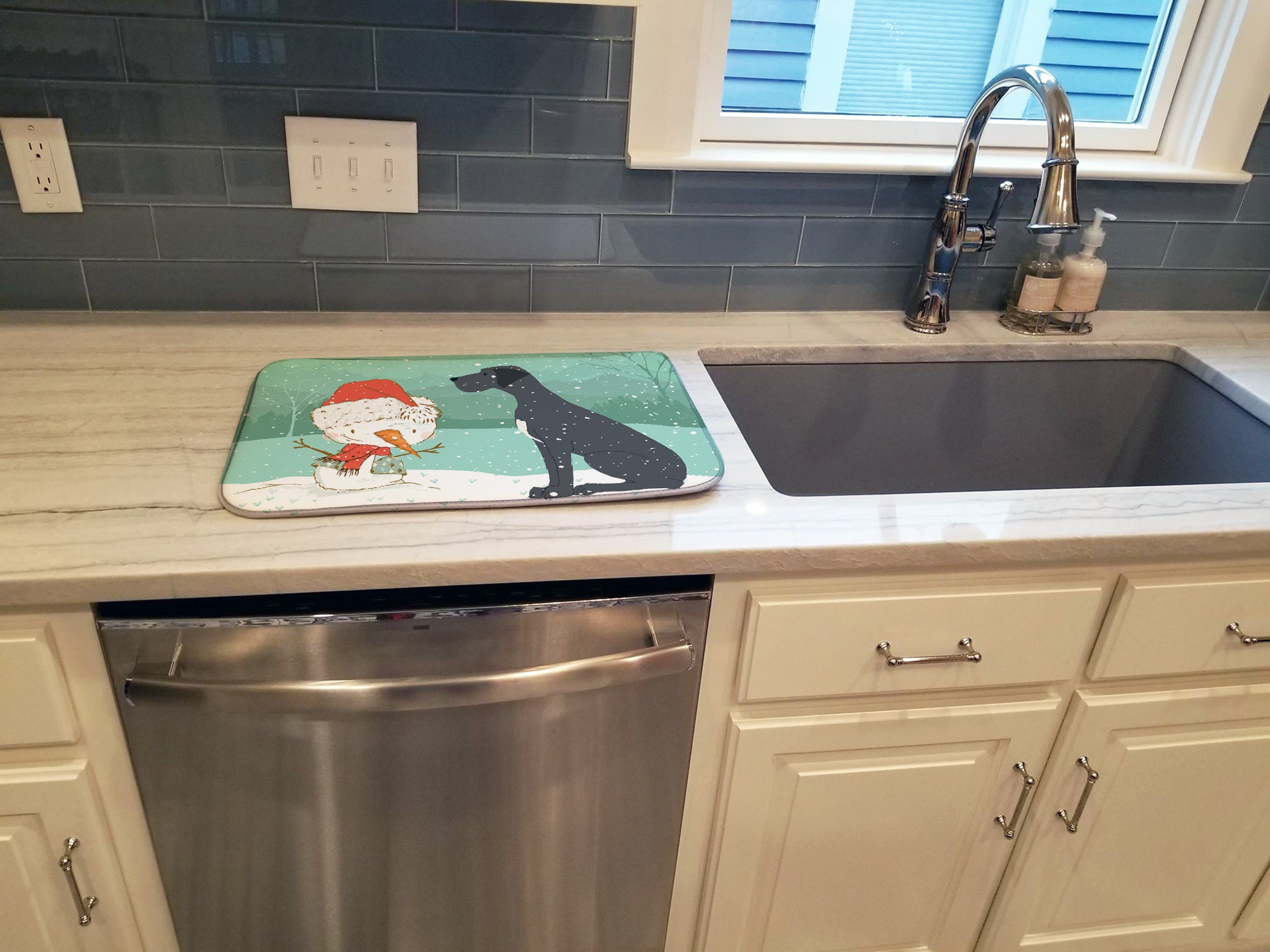 Black Great Dane and Snowman Christmas Dish Drying Mat CK2039DDM  the-store.com.