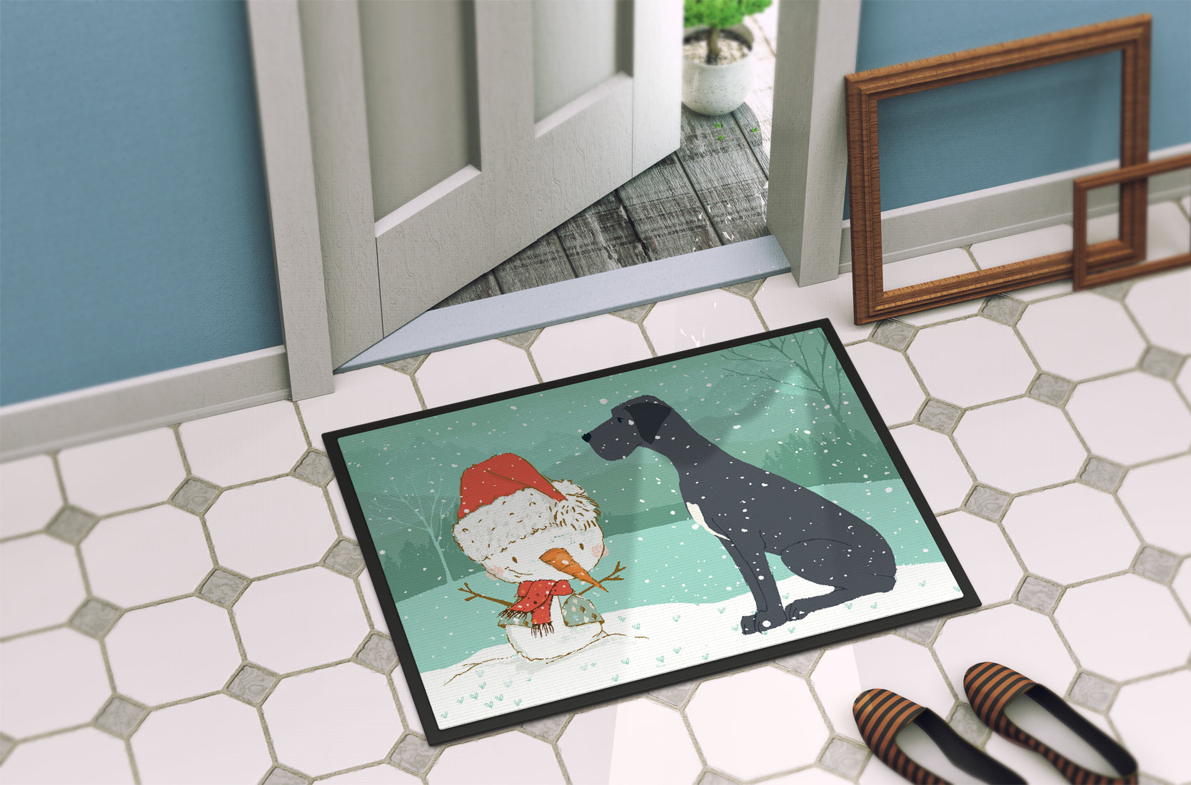 Black Great Dane and Snowman Christmas Indoor or Outdoor Mat 18x27 CK2039MAT - the-store.com