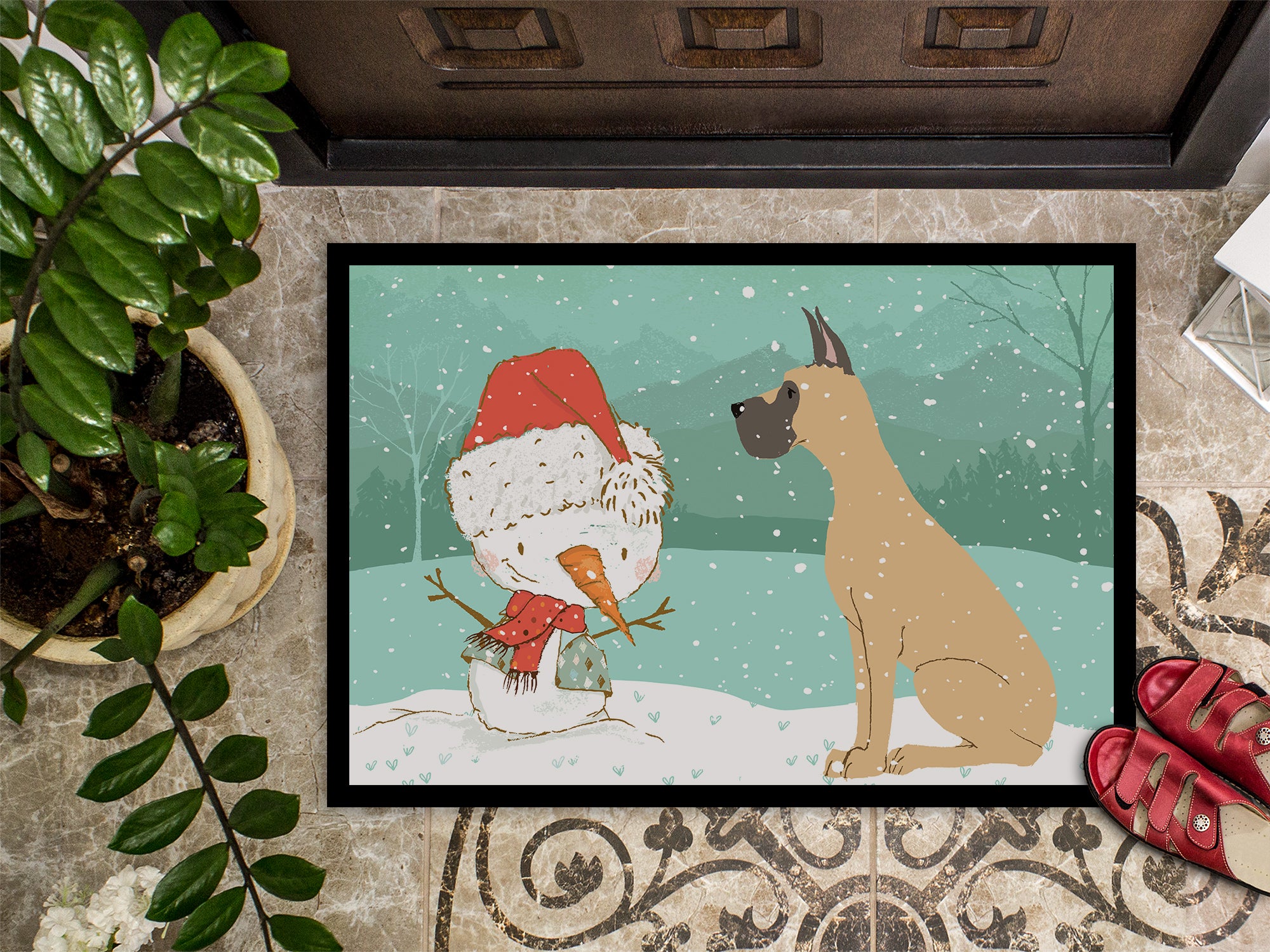 Cropped Fawn Great Dane Snowman Christmas Indoor or Outdoor Mat 18x27 CK2041MAT - the-store.com
