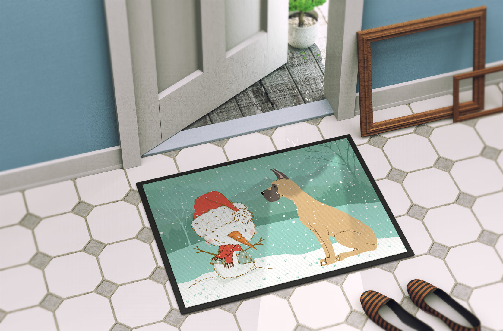 Cropped Fawn Great Dane Snowman Christmas Indoor or Outdoor Mat 18x27 CK2041MAT - the-store.com