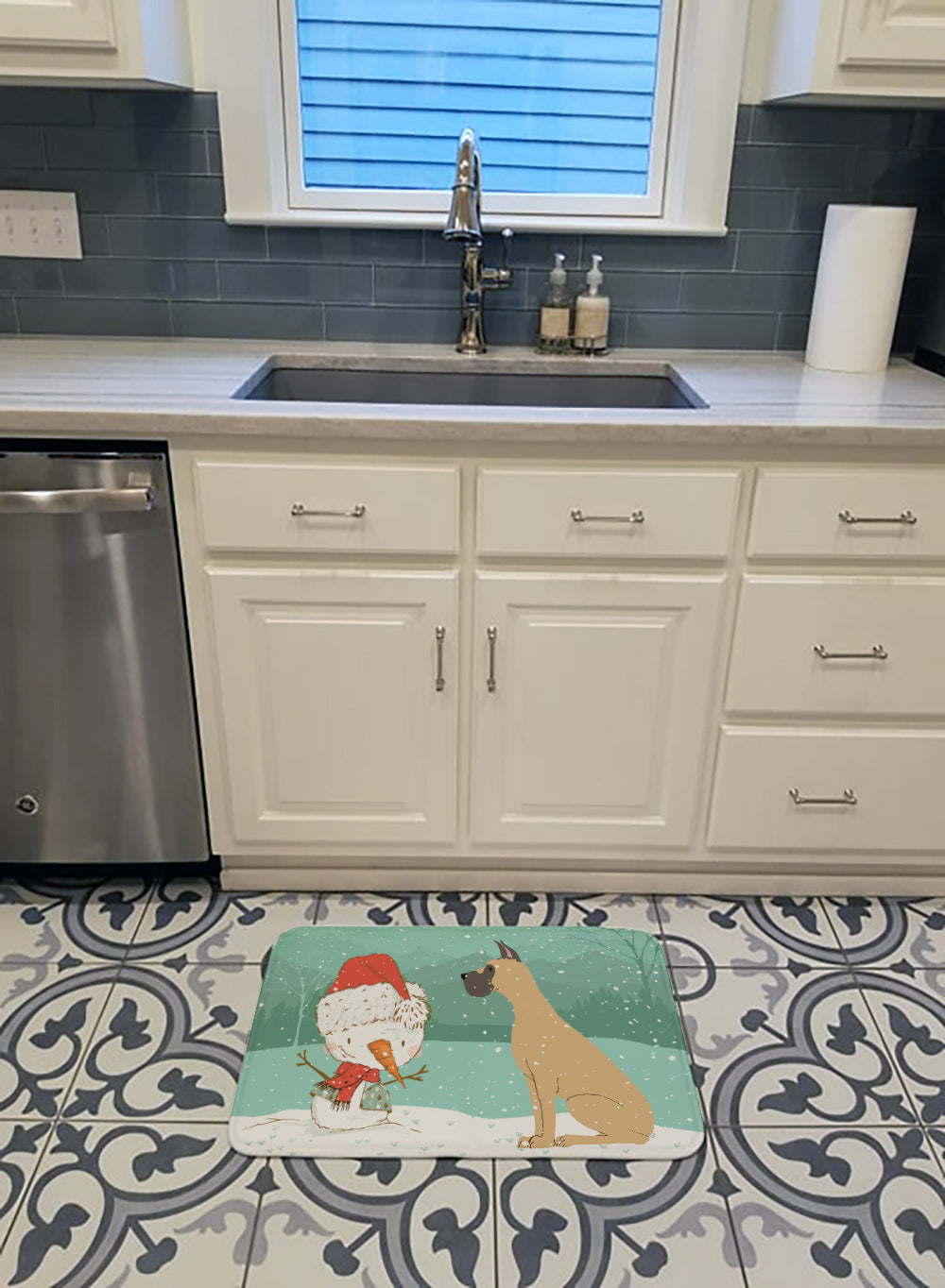 Cropped Fawn Great Dane Snowman Christmas Machine Washable Memory Foam Mat CK2041RUG - the-store.com