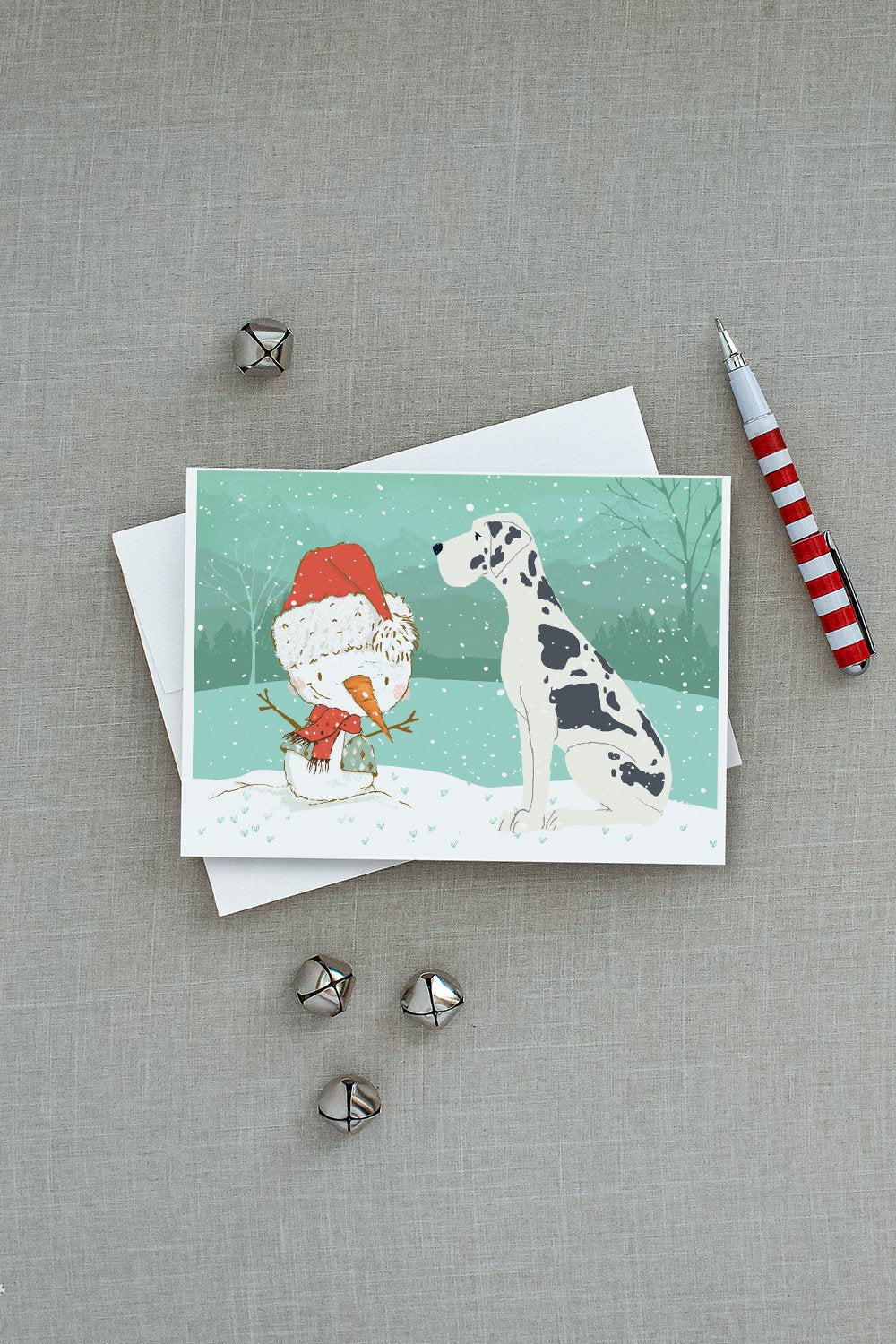 Harlequin Great Dane Snowman Christmas Greeting Cards and Envelopes Pack of 8 - the-store.com