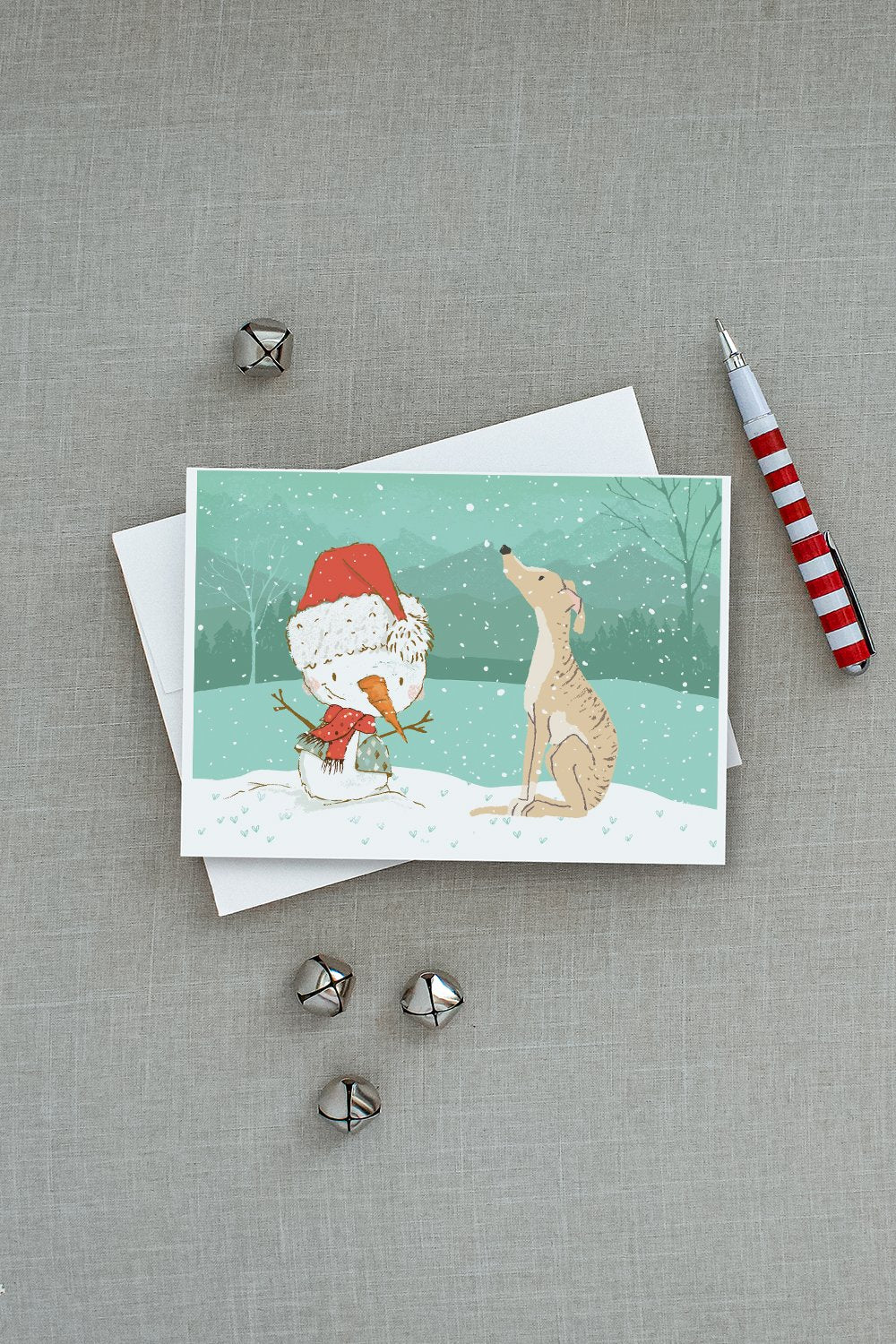 Brindle Greyhound Snowman Christmas Greeting Cards and Envelopes Pack of 8 - the-store.com