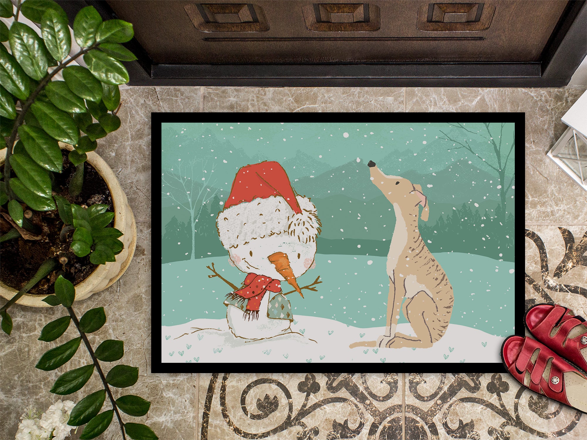 Brindle Greyhound Snowman Christmas Indoor or Outdoor Mat 18x27 CK2043MAT - the-store.com