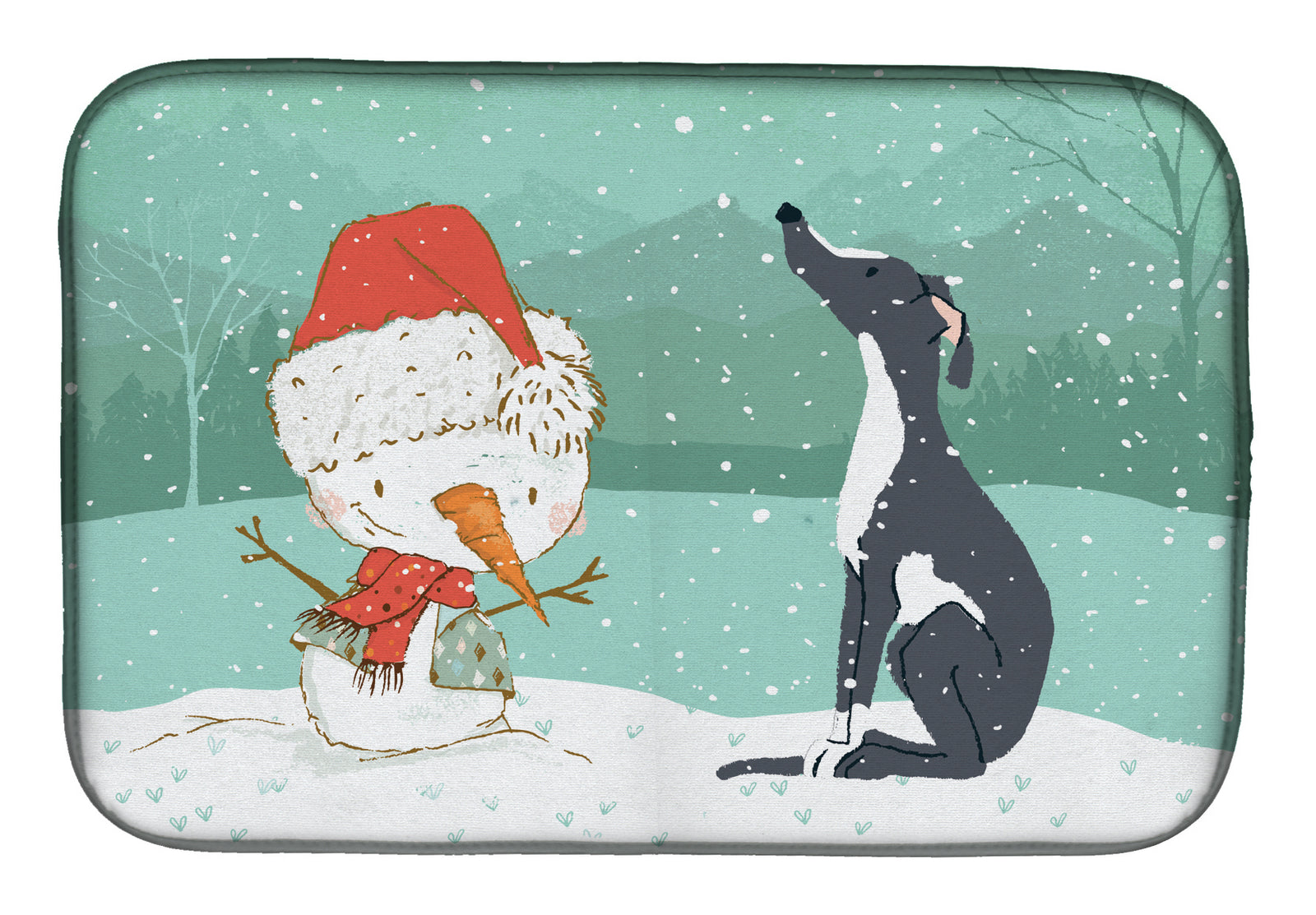 Black Greyhound Snowman Christmas Dish Drying Mat CK2044DDM