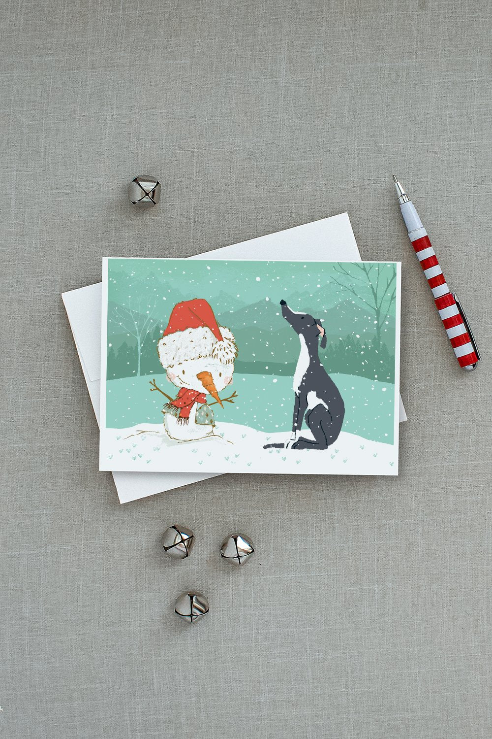 Black Greyhound Snowman Christmas Greeting Cards and Envelopes Pack of 8 - the-store.com