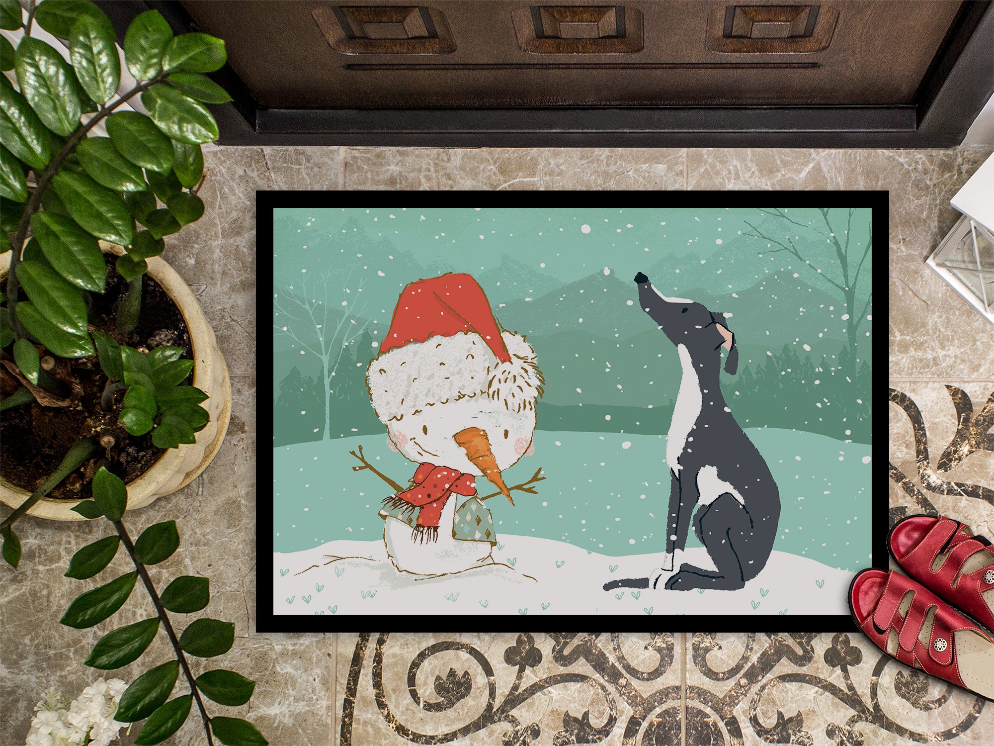 Black Greyhound Snowman Christmas Indoor or Outdoor Mat 18x27 CK2044MAT - the-store.com