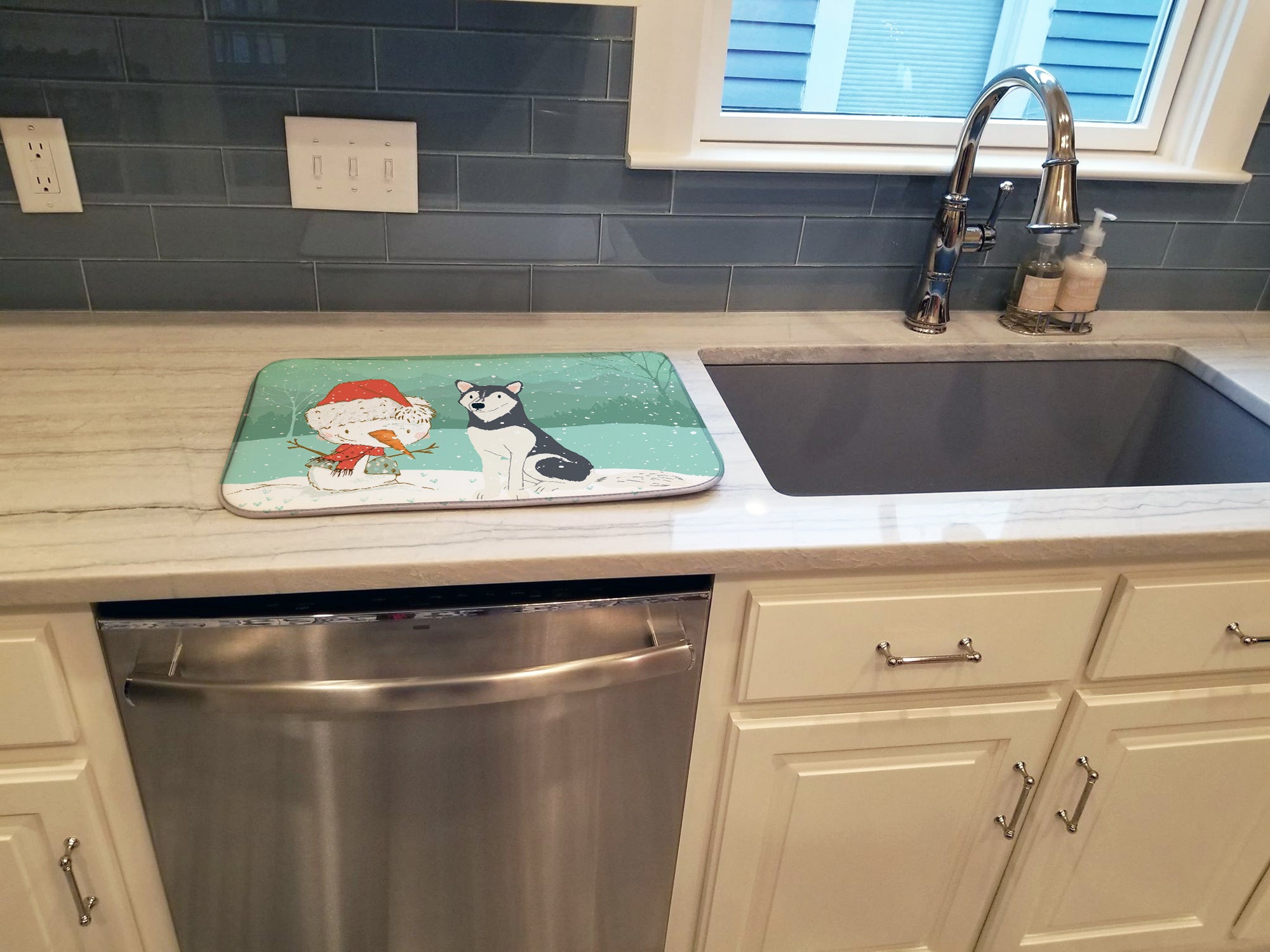 Siberian Husky Snowman Christmas Dish Drying Mat CK2046DDM