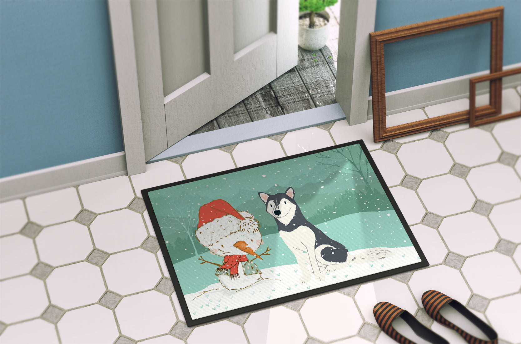 Siberian Husky Snowman Christmas Indoor or Outdoor Mat 18x27 CK2046MAT - the-store.com