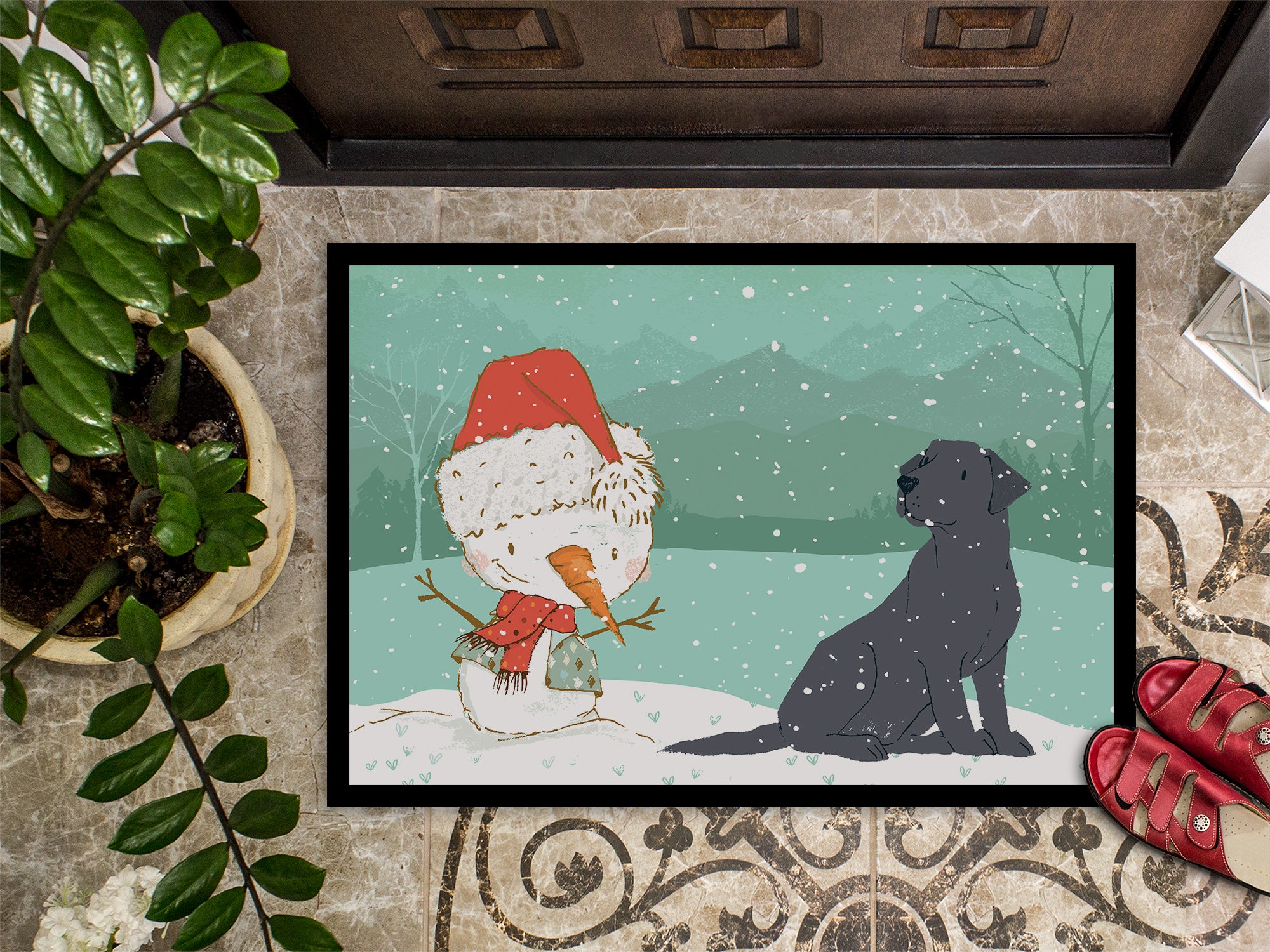 Black Labrador Snowman Christmas Indoor or Outdoor Mat 18x27 CK2047MAT - the-store.com
