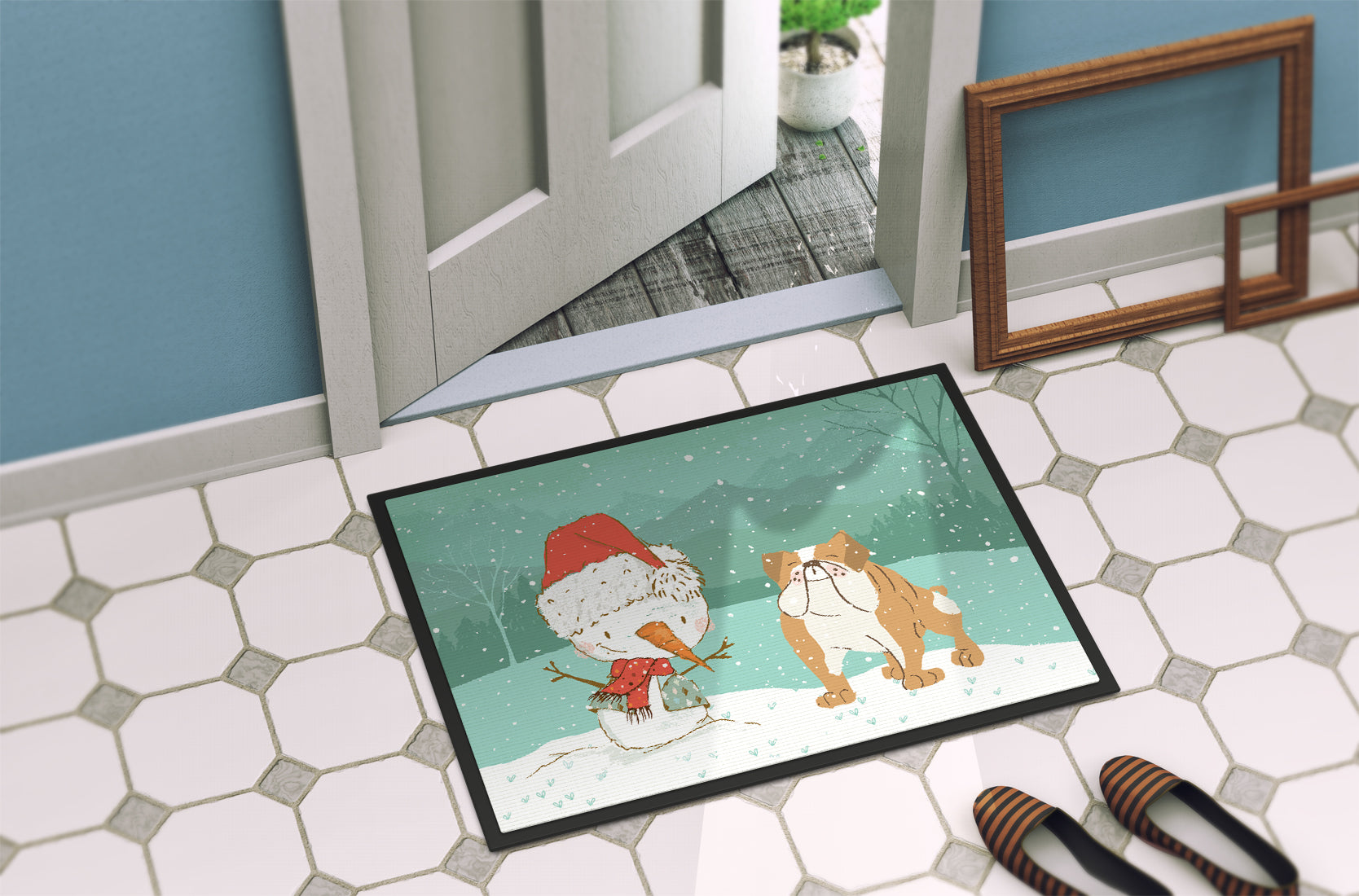 English Bulldog Snowman Christmas Indoor or Outdoor Mat 18x27 CK2053MAT - the-store.com